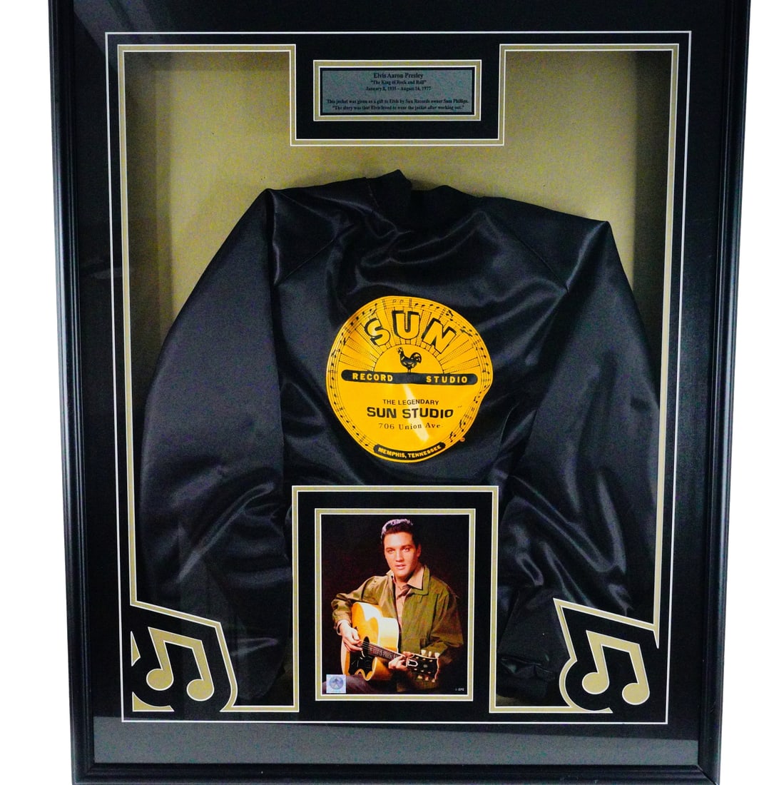 Elvis Presley Sun Records Jacket From Sam Phillips: Elvis Presley Personally Owned Black Sun Records Jacket From Sam Phillips W/(4) LOAs (Framed) - This black Sun Records jacket was personally owned by Elvis Presley, who was gifted the jacket from Sun 