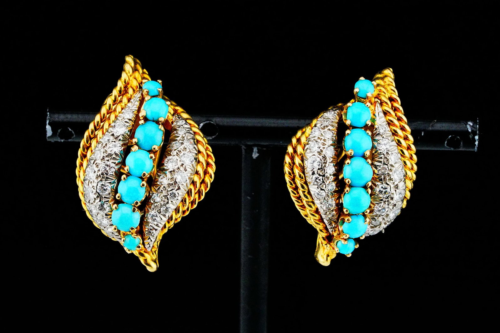 2.50ctw Turquoise, 2.00ctw Diamond and 14K 1" Earrings: 2.50ctw Turquoise, 2.00ctw VS1-VS2/G-H Diamond and 14K Yellow/White Gold 1" Earrings - Boldly elegant and expertly crafted in richly polished 14K yellow gold, these distinctive earrings feature approx