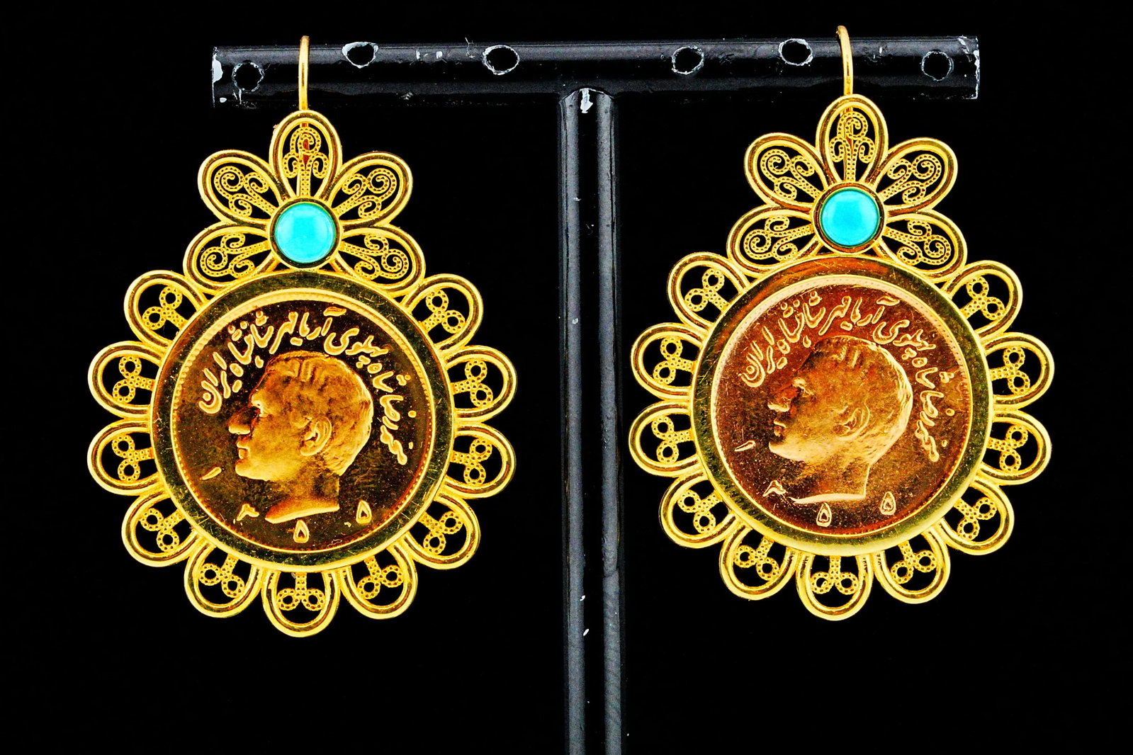 1976 Iranian Pahlavi Gold Coin, Turquoise, 18K Earrings (1 of 4)