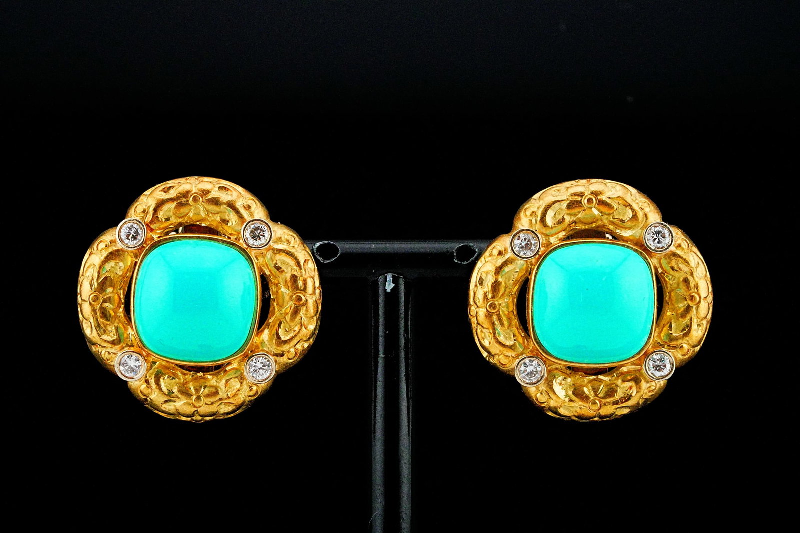 14mm Persian Turquoise, 1.25ctw Diamond, 18K Ear Clips (1 of 5)