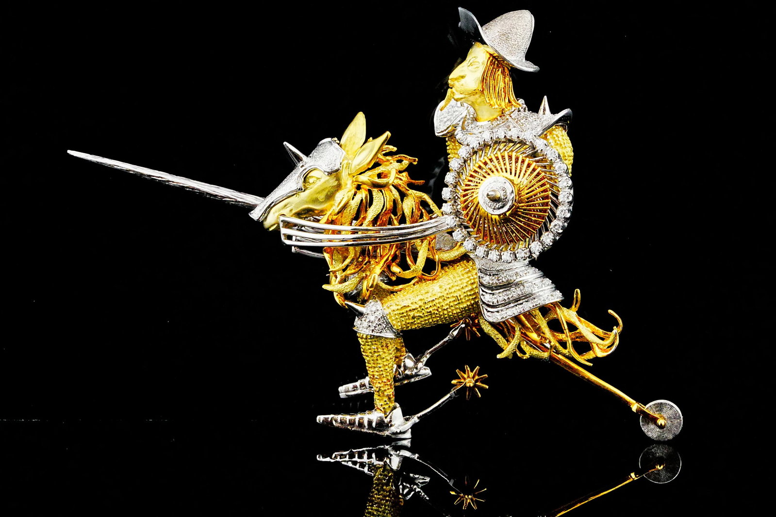Italian 1.25ctw Diamond 18K Vintage Conquistador Brooch: Italian 1.25ctw Diamond and 18K Yellow/White Gold Vintage Conquistador Brooch W/Spinning Parts - An extraordinary example of mid-century Italian artistry, this exceptional vintage brooch is masterfull