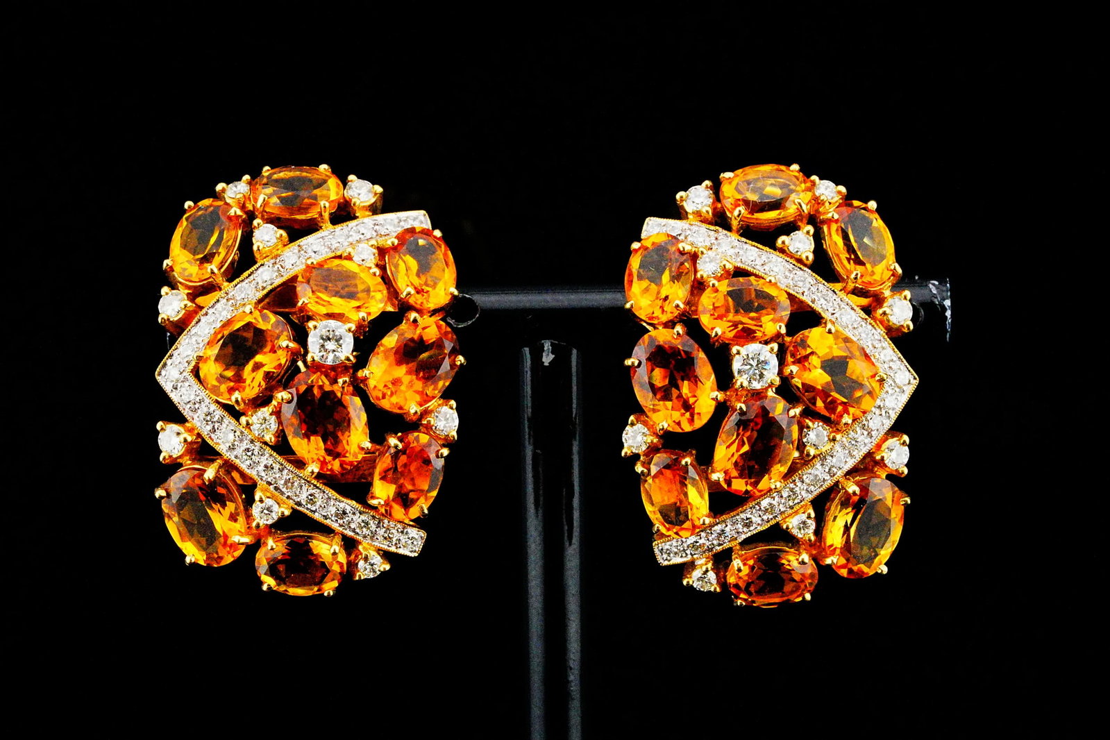 17.50ctw Citrine, 1.75ctw Diamond and 18K Earrings: 17.50ctw Citrine, 1.75ctw VS1-SI1/G-H Diamond and 18K Yellow Gold 1.25" Earrings - A magnificent pair of statement earrings featuring approximately 17.50ctw of richly saturated, faceted citrine, with 