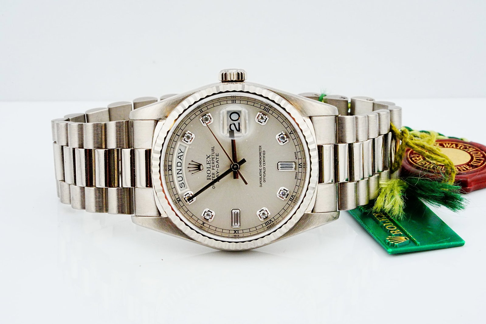 Rolex Day-Date President 36mm 18K Watch W/Diamond Dial: Rolex Vintage Day-Date President 36mm Solid 18K White Gold Watch W/Diamond Dial Ref. 18239 - The iconic Rolex Day-Date "President" is presented in solid 18K white gold, showcasing the timeless eleganc