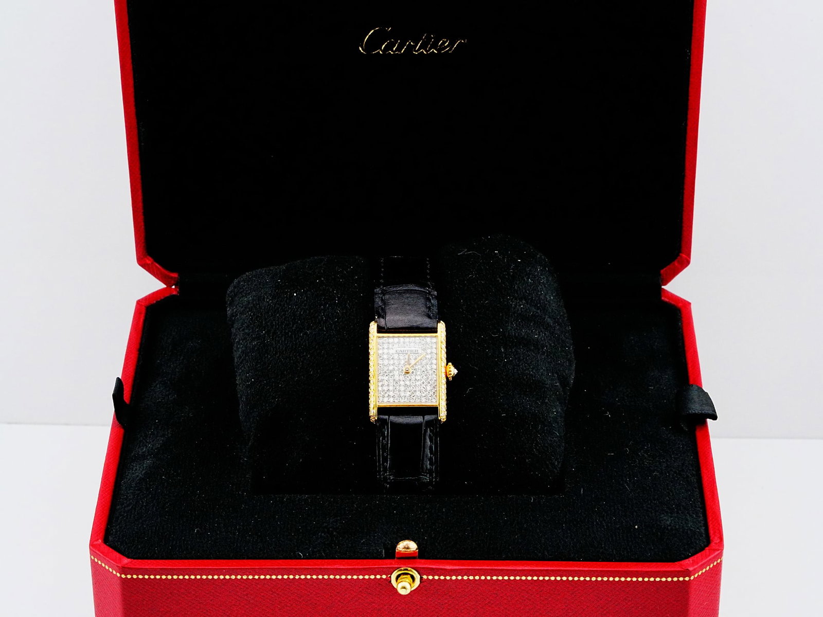 Cartier Tank Louis 20mm Diamond 18K Watch W/Box, Papers: Cartier Tank Louis Cartier 20mm Pave Diamond 18K Yellow Gold Watch W/Original Strap, Box and Service Papers - An exceptionally rare and luxurious Cartier Tank Louis Cartier timepiece, crafted in 18K y