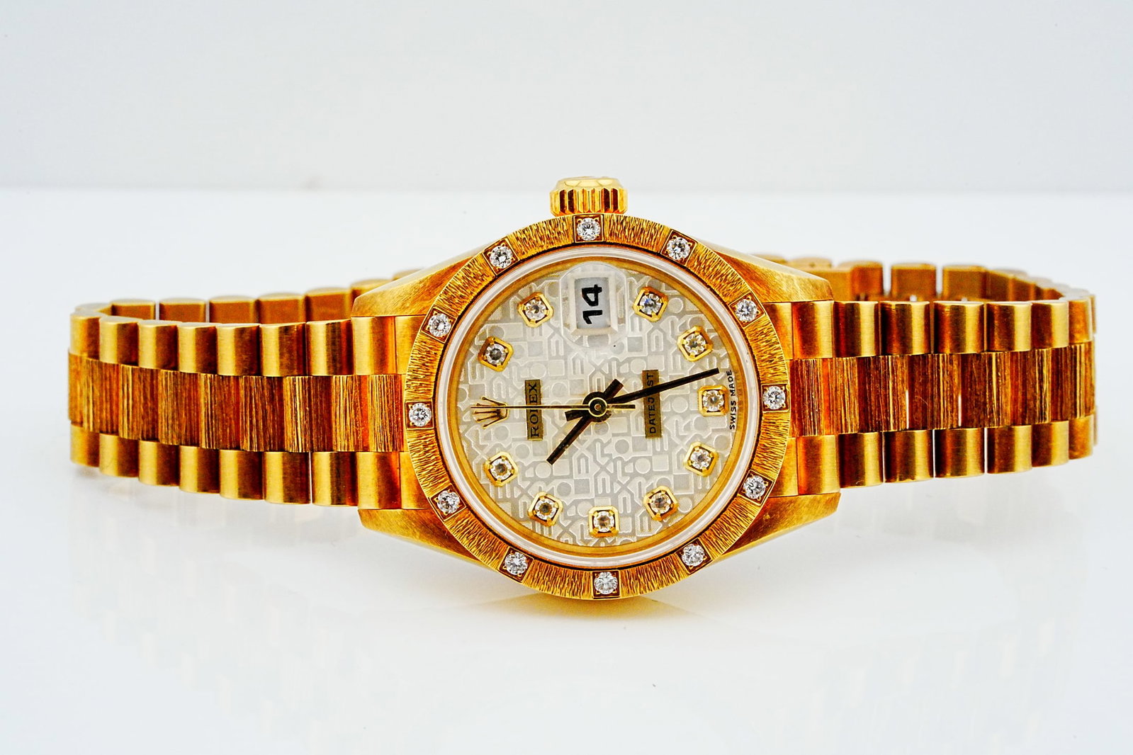 Rolex Lady-Datejust 26mm 18K Watch W/Diamonds Ref. 69288: Rolex Lady-Datejust President 26mm 18K Barked Yellow Gold Watch W/Diamonds Ref. 69288 - An exceptional vintage Rolex Lady-Datejust Ref. 69288 showcasing an extraordinary combination of solid 18K yello