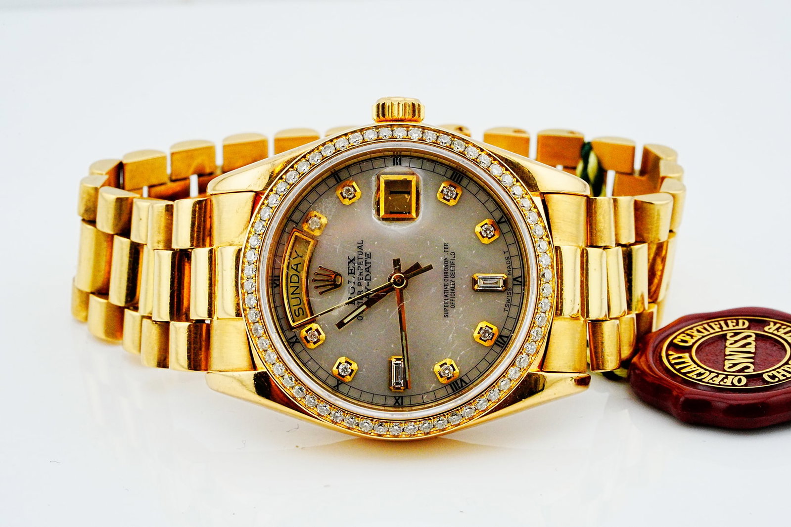 Rolex Day-Date President 36mm 18K Yellow Gold Watch: Rolex Day-Date President 36mm Solid 18K Yellow Gold Watch W/Custom Diamond Dial and Bezel - This prestigious Rolex Day-Date "President" is crafted entirely in solid 18K yellow gold, showcasing the ico