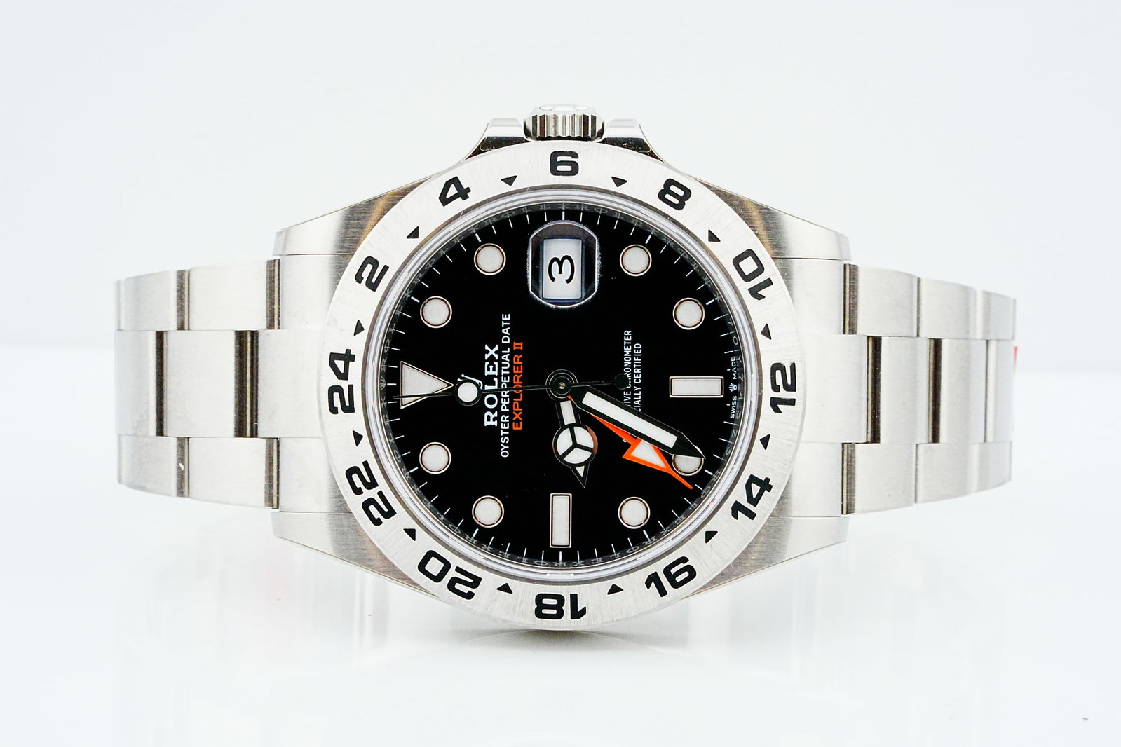 Rolex Explorer II 42mm Watch Ref. 226570 W/Card: Rolex Explorer II 42mm Stainless Steel Watch Ref. 226570 Never Worn W/Card - This modern Rolex Explorer II is presented in 42mm Oystersteel, showcasing the rugged sophistication and unmistakable tool-