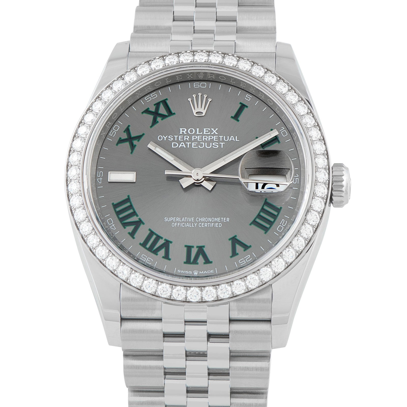 Rolex Datejust 36mm Steel Wimbledon Dial Watch: Rolex Datejust 36mm Oystersteel and White Gold Wimbledon Dial Watch W/Factory Diamond Bezel and Jubilee Bracelet Ref. 126284RBR (Includes Box and Papers) - Combining timeless elegance with contemporar