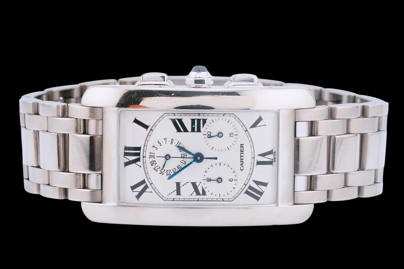 Cartier Tank Americaine Chronograph 18K White Gold Watch: Cartier Tank Americaine Chronograph Solid 18K White Gold Watch (Ref. 2312) - A sophisticated and highly collectible Cartier Tank Americaine chronograph wristwatch, crafted in solid 18K white gold and 