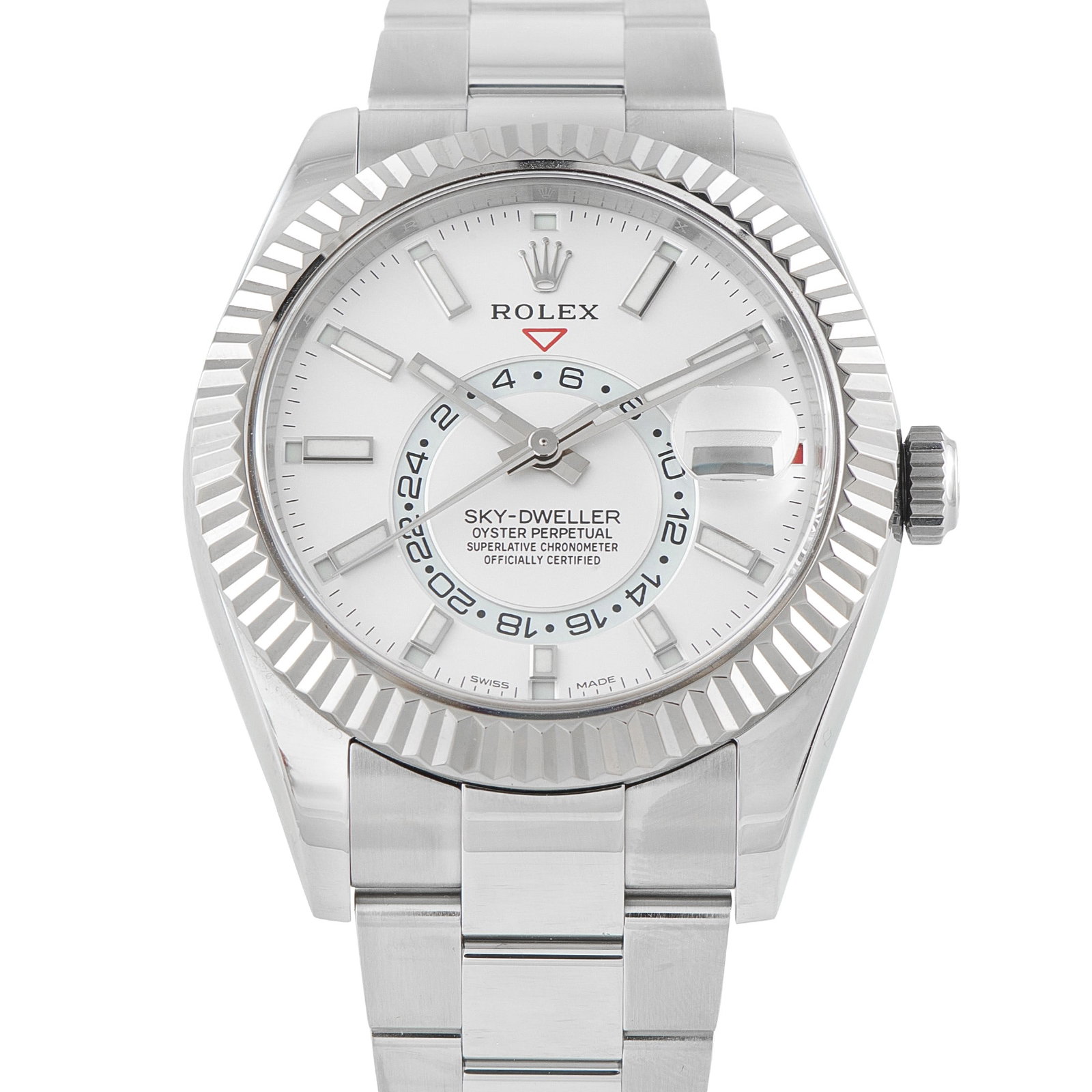 Rolex Sky-Dweller 42mm White Rolesor Watch Ref. 326934: Rolex Sky-Dweller 42mm White Dial White Rolesor Watch Ref. 326934 W/Box and Papers - A sophisticated expression of Rolex's most technically accomplished timepiece, this Sky-Dweller ref. 326934 combine