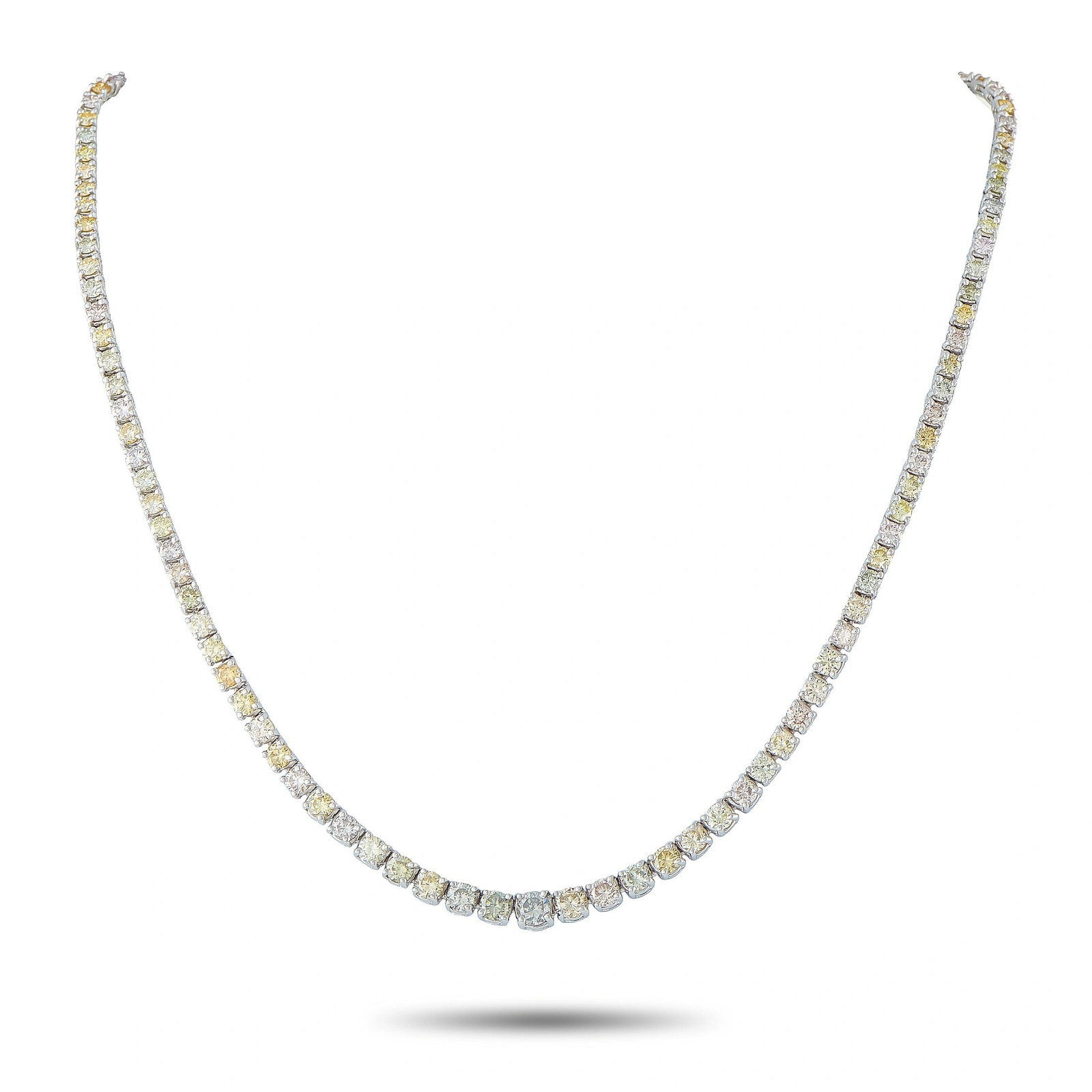 11.00ctw GIA Fancy Color Diamond and 18K Necklace: 11.00ctw Fancy Color Diamond and 18K White Gold 17.5" Tennis Necklace W/GIA Report - This sophisticated 18K white gold tennis necklace features approximately 11.0 carats total weight of natural fancy 