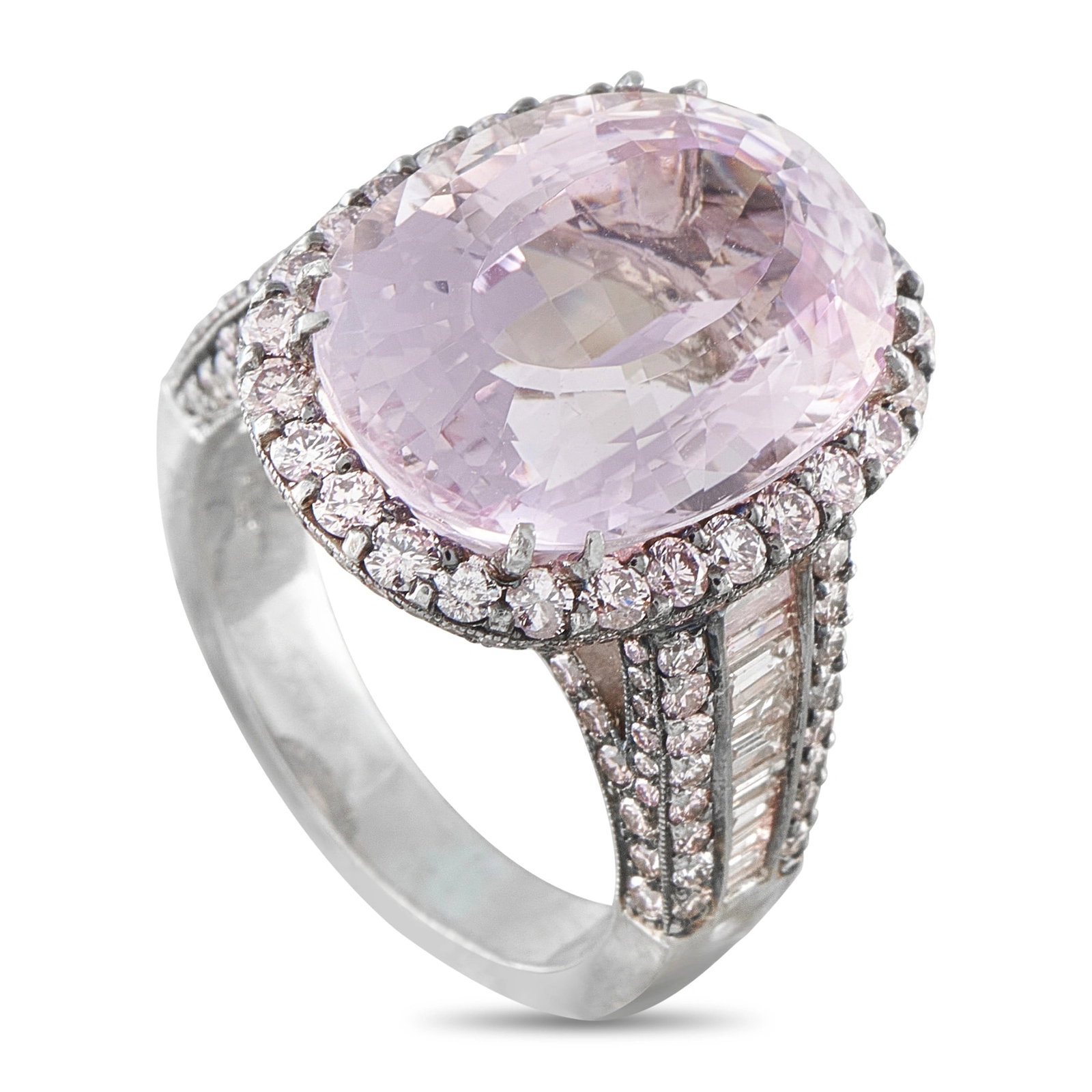 12.00ct Kunzite, 2.35ctw Pink Diamond and Platinum Ring: 12.00ct Kunzite, 2.35ctw Pink Diamond and Platinum Ring - This striking platinum ring centers a magnificent approximately 12.00 carat oval kunzite displaying a delicate lilac-pink hue and elegant tran