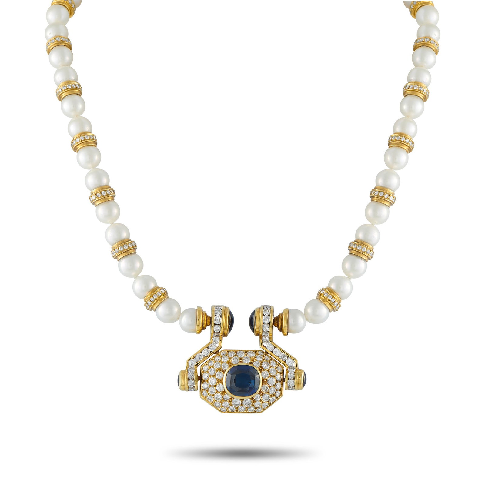 13.50ctw Sapphire, 7.00ctw Diamond, 18K, Pearl Necklace: 13.50ctw Blue Sapphire, 7.00ctw Diamond, 18K Yellow Gold and Pearl 16" Statement Necklace - Bold, dramatic, and unmistakably luxurious, this extraordinary statement necklace is designed to command att