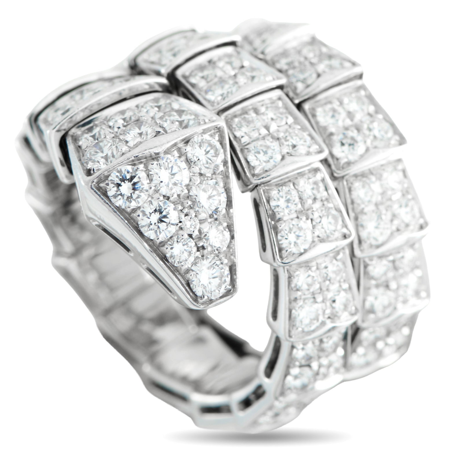 Bvlgari Serpenti Viper 2.77ctw Diamond and 18K Ring: Bvlgari Serpenti Viper 2.77ctw VVS-VS/E-F Diamond and 18K White Gold Two-Coil Ring - An iconic symbol of transformation and timeless elegance, this Bvlgari Serpenti Viper two-coil ring showcases the H
