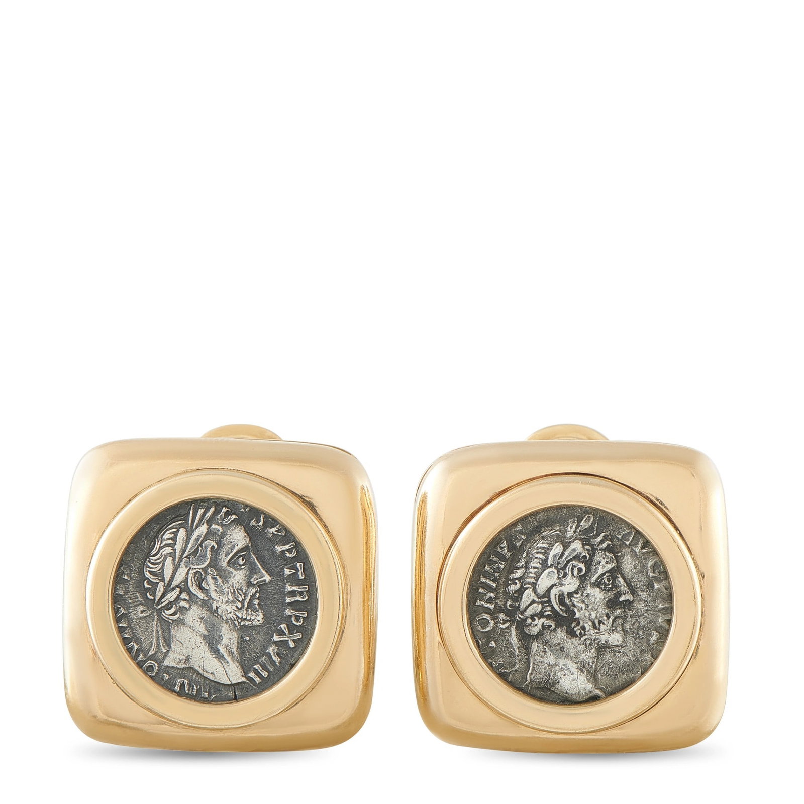 Bvlgari Monete 18K Yellow Gold Ancient Coin Ear Clips: Bvlgari Monete 18K Yellow Gold Ancient Coin Ear Clips - These distinctive Bvlgari Monete earrings feature square 18K yellow gold bezels, each centered by an authentic ancient silver Roman coin. The bo