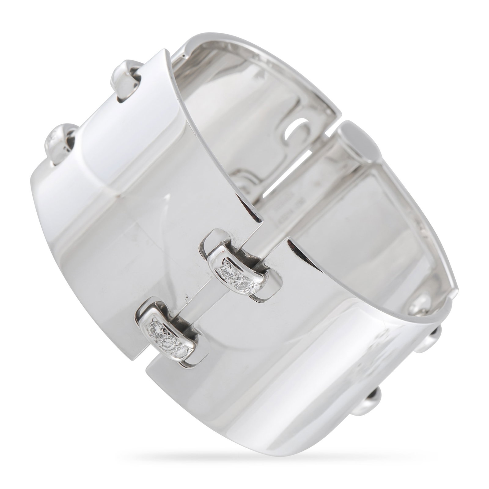 Hermes 18K White Gold and 0.75ctw Diamond Bracelet: Hermes Solid 18K White Gold and 0.75ctw Diamond Wide Cuff Bracelet - A masterclass in understated luxury, this exceptional Hermes cuff bracelet embodies the maison's signature philosophy of refined el