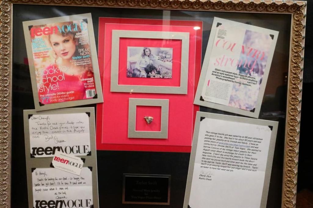 Taylor Swift Brooch Worn in Teen Vogue August, 2001: Taylor Swift Vintage Beetle Brooch Worn in Teen Vogue August, 2001 in Museum Quality Framed Presentation W/Letter of Provenance - This vintage beetle brooch was worn by singer-songwriter Taylor Swift