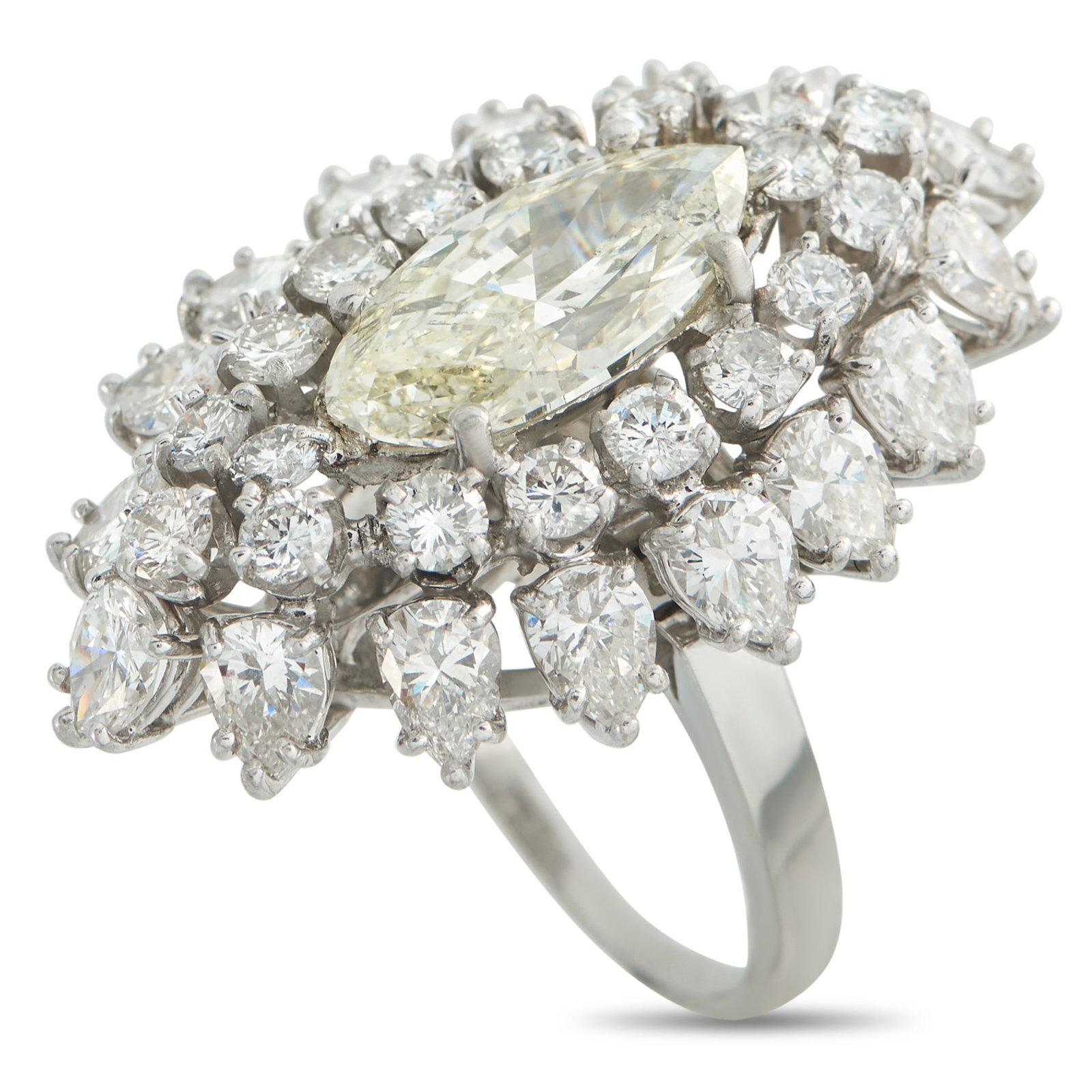 7.50ctw Diamond and Platinum Ring: 7.50ctw Diamond and Platinum Ring - This dramatic platinum ring centers a striking 2.60 carat marquise-cut diamond, surrounded by additional diamonds totaling approximately 4.90 carats for a total