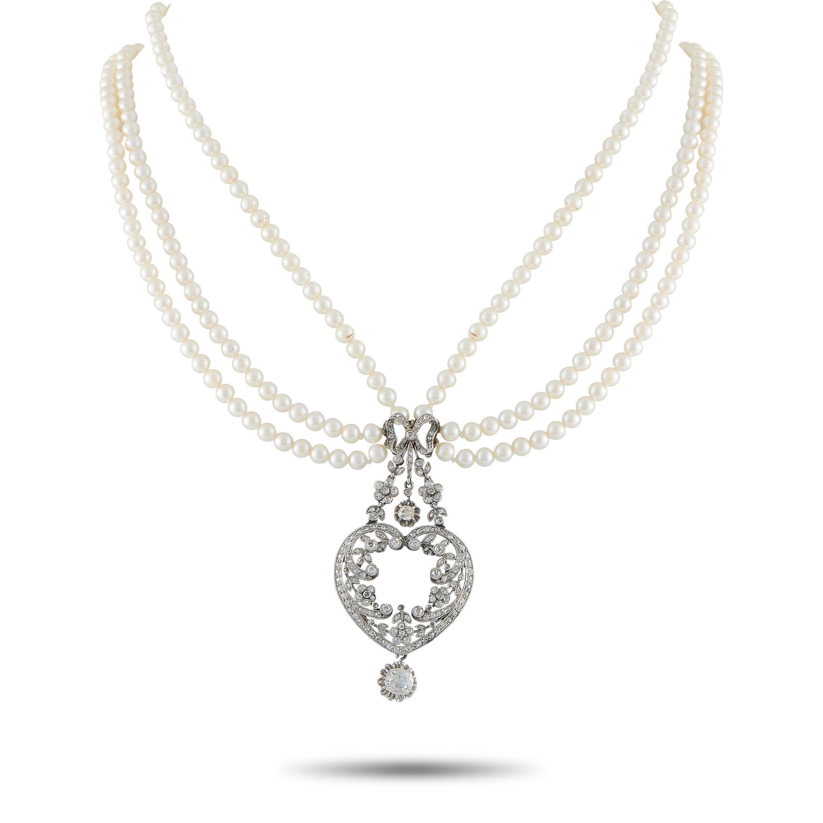 2.45ctw Diamond, Platinum and Pearl Necklace: 2.45ctw VS2-SI1/G-H Diamond, Platinum and Natural Pearl Multi-Strand Necklace - This elegant multi-strand necklace showcases the timeless beauty of natural pearls, complemented by a sophisticated