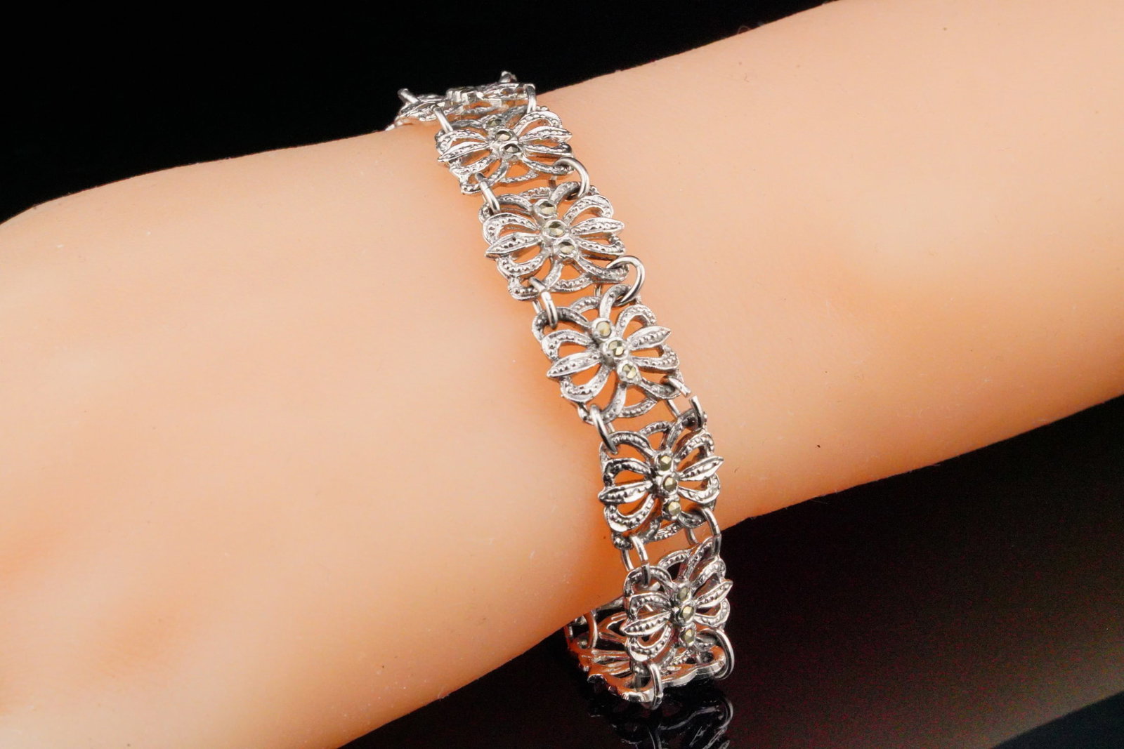 Marilyn Monroe Personally Owned Silver Tone Bracelet: Marilyn Monroe Personally Owned Silver Tone Bracelet with Marcasite Acquired From Inez Melson W/Letter of Provenance - This elegant silver-tone bracelet, featuring delicate open-work links, each cente
