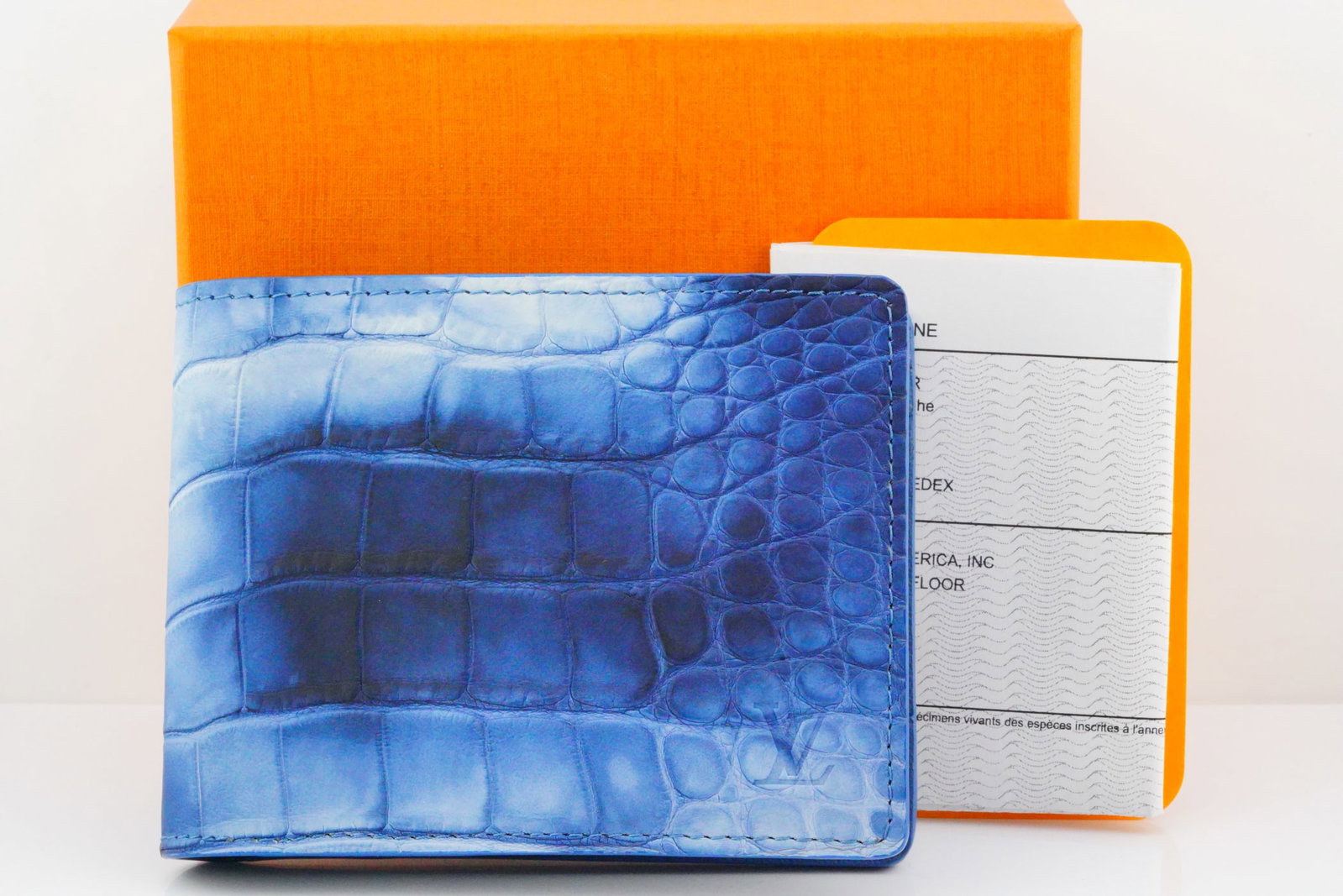 Louis Vuitton Blue Crocodile Mat Multiple Wallet: Louis Vuitton Limited Edition Blue Ombre Crocodilien Mat Multiple Wallet W/Dust Cover, Box and CITES (Mint) - GUARANTEED AUTHENTIC. This Louis Vuitton Multiple Wallet in exotic crocodilian leather is 