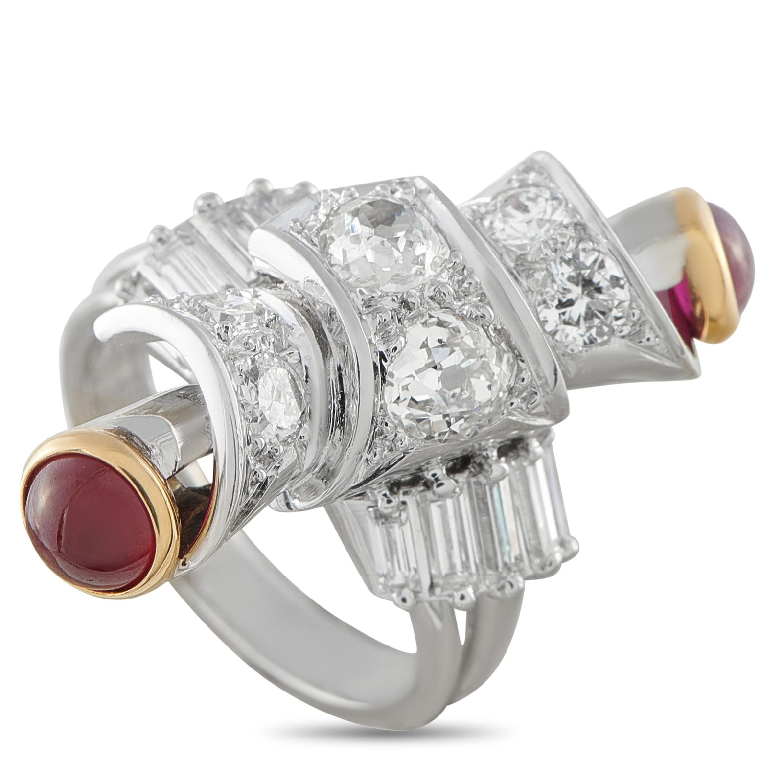 2.50ctw Diamond, 18K White Gold and Ruby Sculptural Ring: 2.50ctw VS2-SI1/G-H Diamond, 18K White Gold and Ruby Sculptural Ring W/Yellow Gold Accents - This striking sculptural ring is crafted in 18K white gold and accented with approximately 2.50 carats of d