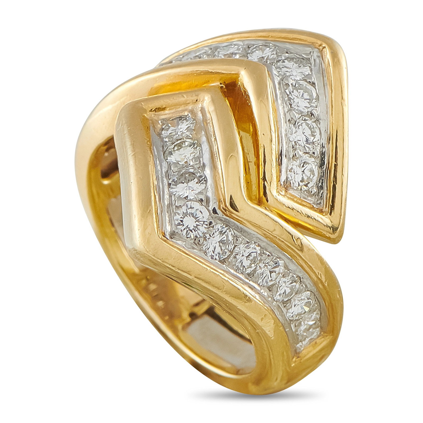 Van Cleef & Arpels 18K Gold and 0.50ctw Diamond Ring: Van Cleef & Arpels 18K Yellow Gold and 0.50ctw Diamond Ring - This striking Van Cleef & Arpels ring is crafted in 18K yellow gold and showcases a bold chevron bypass design with sculptural, sweeping l