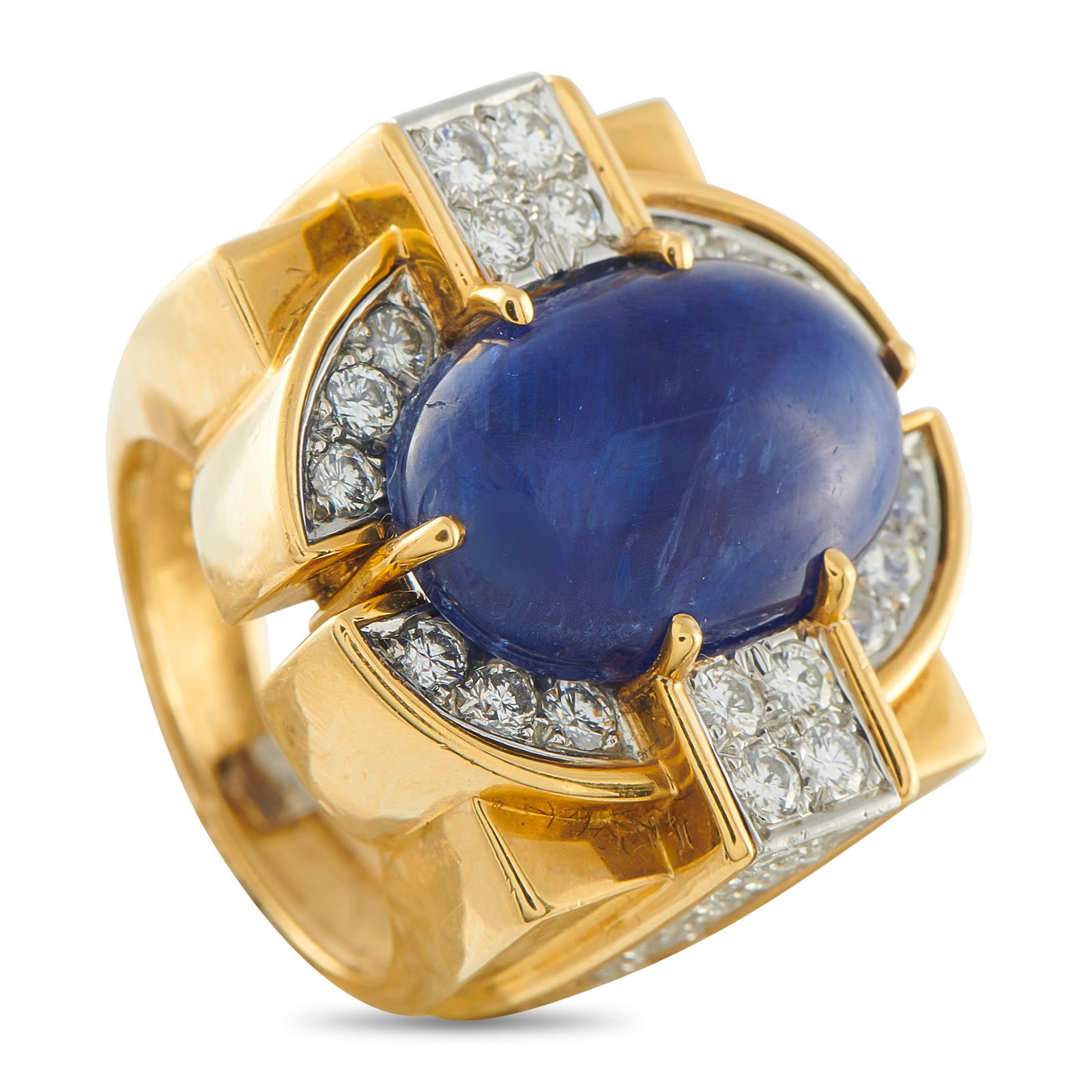 13.50ct No Heat Burma Sapphire, 1.20ctw Diamond, 18K Ring: 13.50ct No Heat Burma Sapphire, 1.20ctw VS2-SI1/G-H Diamond and 18K Yellow Gold Ring W/Gemstone Report - Bold, architectural, and unquestionably rare, this extraordinary statement ring is a masterclas