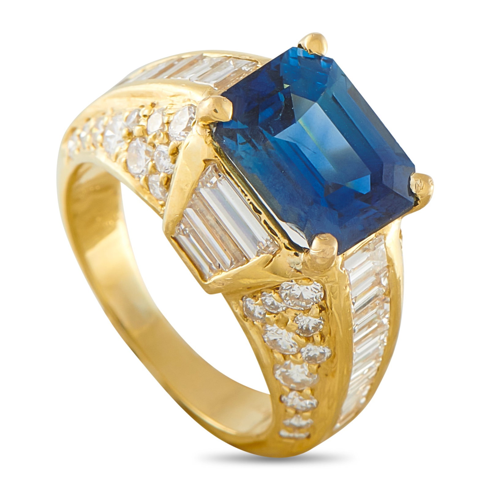 3.90ct Blue Sapphire, 2.50ctw Diamond and 18K Ring: 3.90ct Blue Sapphire, 2.50ctw VS2-SI1/G-H Diamond and 18K Yellow Gold Ring - Bold proportions and unmistakable luxury define this striking statement ring. Crafted in 18K yellow gold, the design center