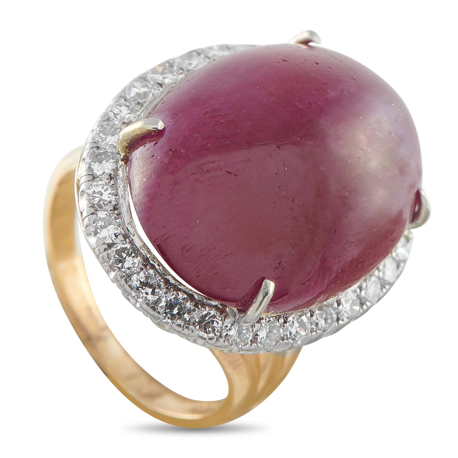 26.23ct No Heat Ruby, 0.65ctw Diamond and 14K Ring: 26.23ct No Heat Ruby, 0.65ctw Diamond and 14K Yellow Gold Ring W/Gemstone Report - This exceptional 14K yellow gold ring centers a substantial 26.23-carat no-heat ruby cabochon displaying an intense r