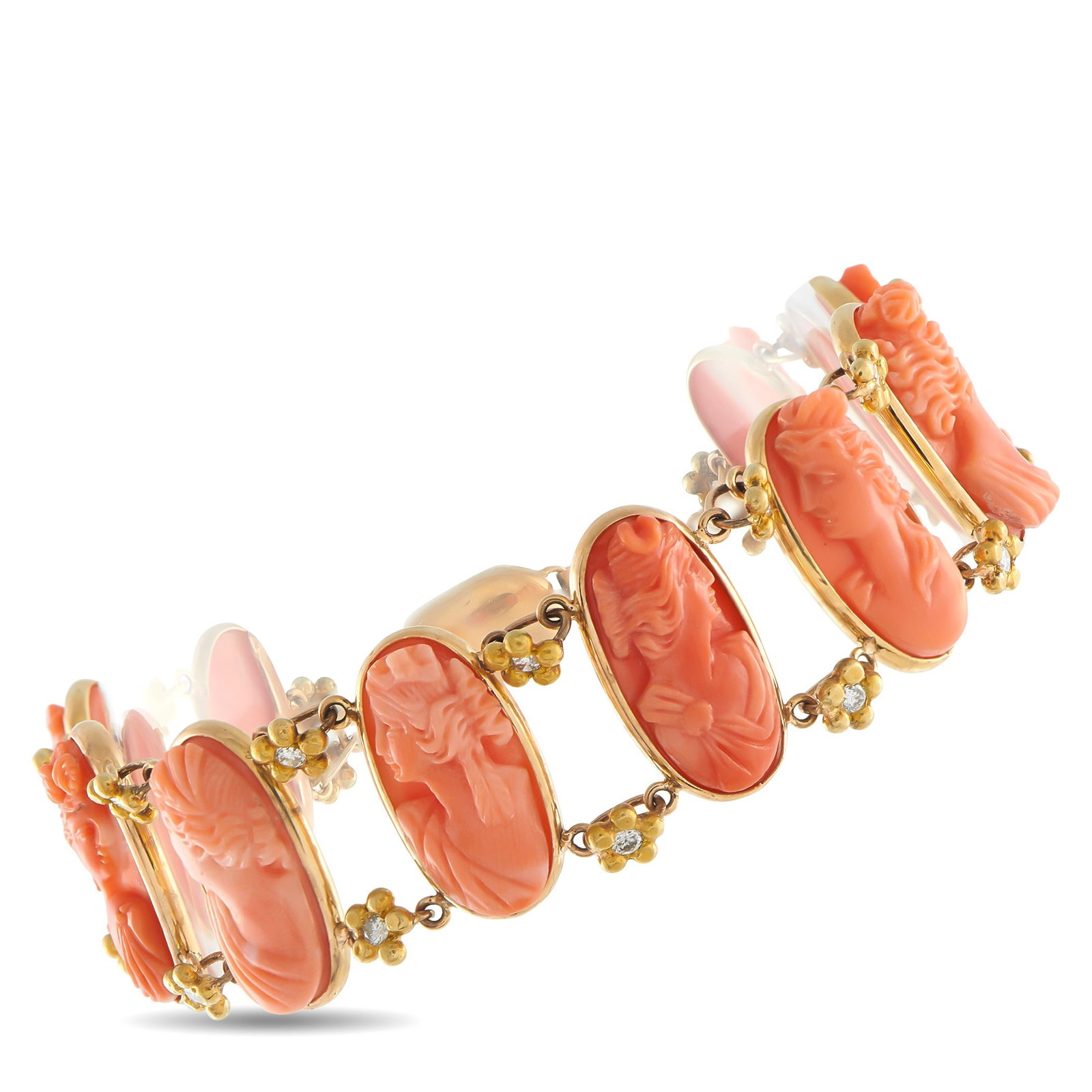 18K, Coral Cameo and 0.60ctw Diamond Vintage Bracelet: 18K Yellow Gold, Coral Cameo and 0.60ctw Diamond Vintage Bracelet - A beautiful celebration of traditional craftsmanship and timeless elegance, this vintage bracelet showcases the enduring appeal of f