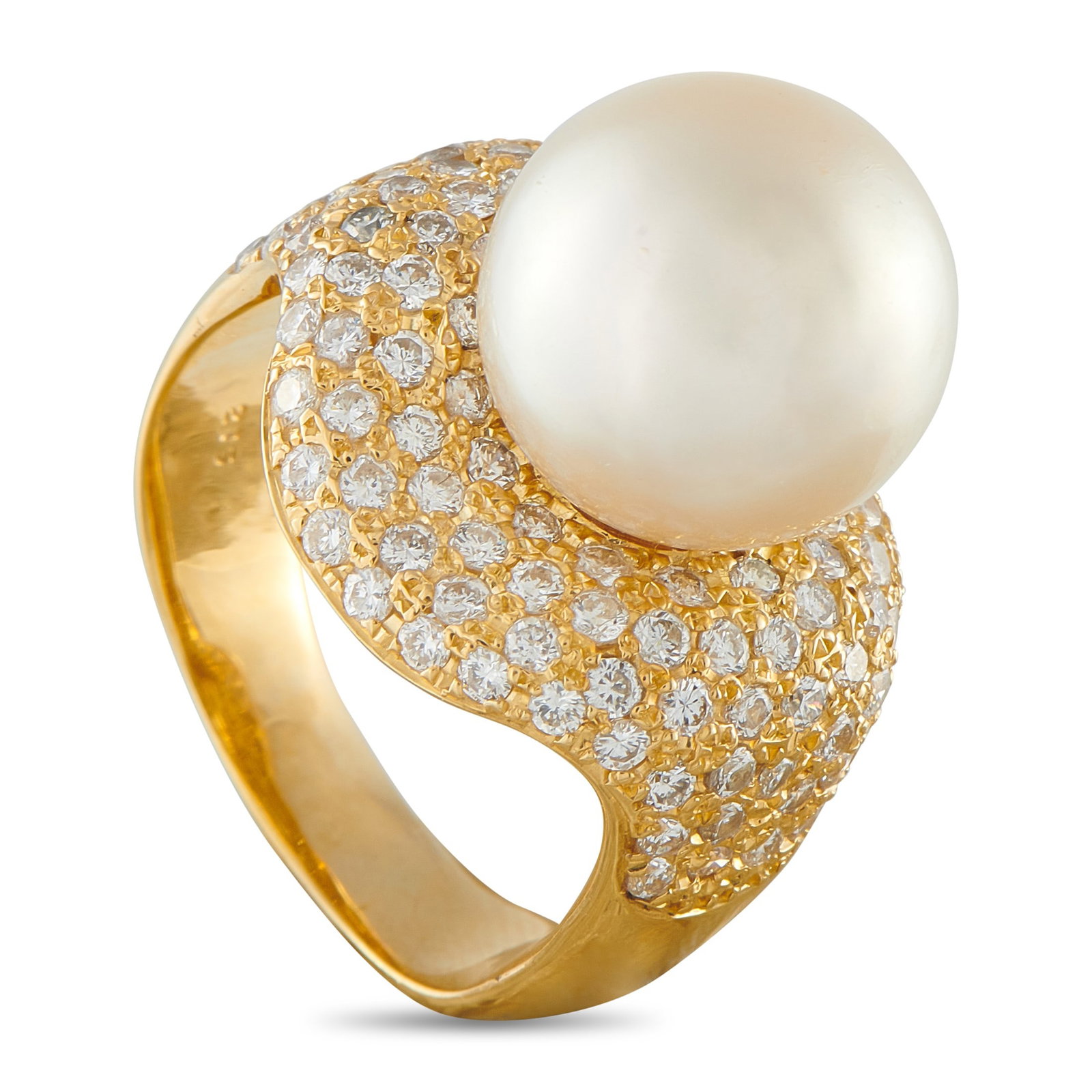 14mm Pearl, 2.15ctw Diamond and 18K Yellow Gold Ring: 14mm Pearl, 2.15ctw SI1-SI2/G-H Diamond and 18K Yellow Gold Ring - This statement-making ring centers a luminous 14mm pearl, offering an elegant and distinctive alternative to a traditional gemstone c