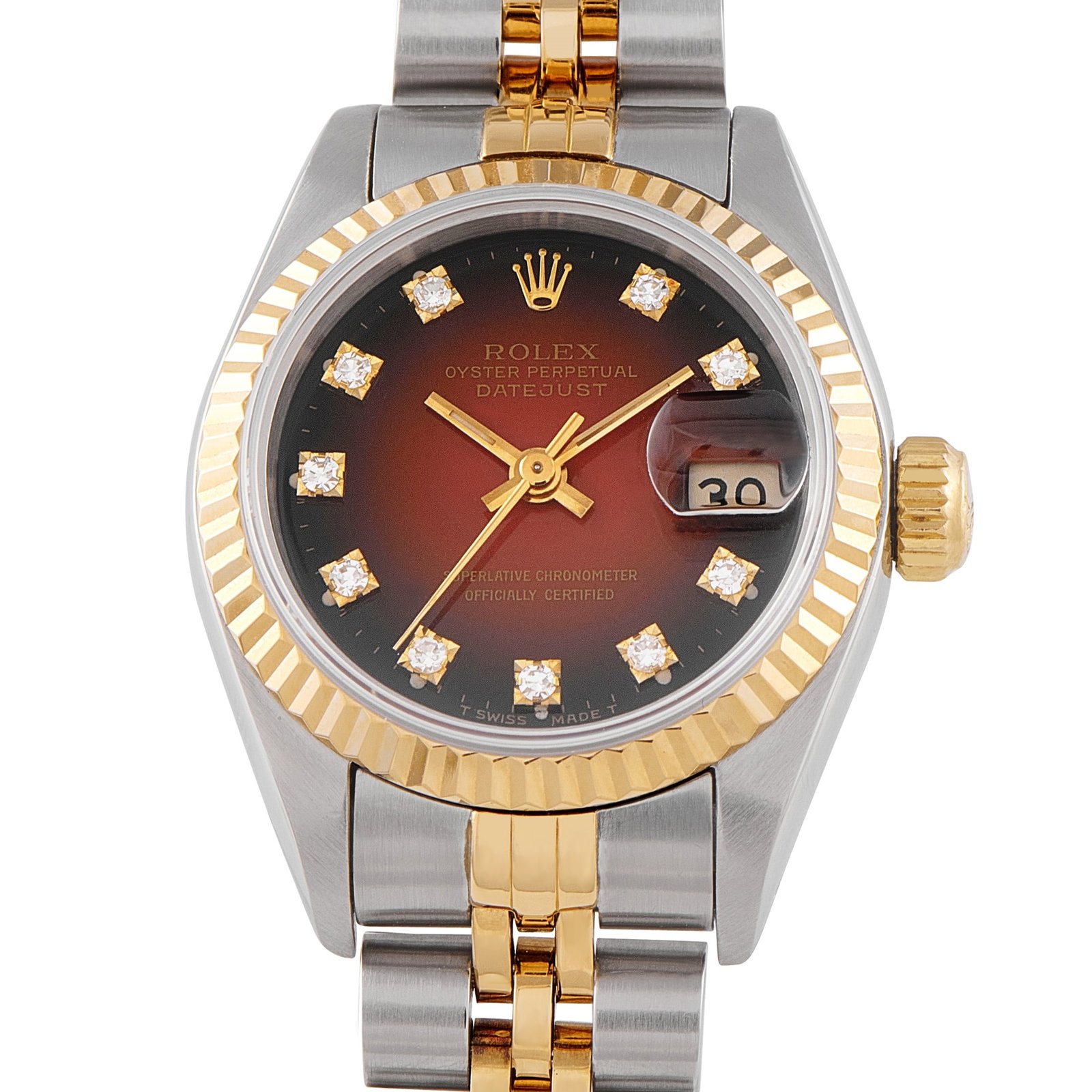 Rolex Lady-Datejust 26mm Red Vignette Diamond Dial Watch: Rolex Lady-Datejust 26mm Red Vignette Diamond Dial Two-Tone Jubilee Watch Ref. 69173G - A striking and increasingly sought-after expression of the classic Lady-Datejust, reference 69173G pairs Rolex's