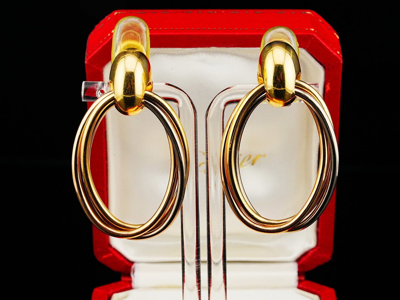 Cartier 1993 18K Tri-Color Gold Trinity Ear Clips: Cartier 1993 Trinity Collection Solid 18K Tri-Color Gold 2" Ear Clips W/Box - These lovely vintage ear clips from Cartier's Trinity collection feature 18k yellow gold tops which hoist yellow, white, a