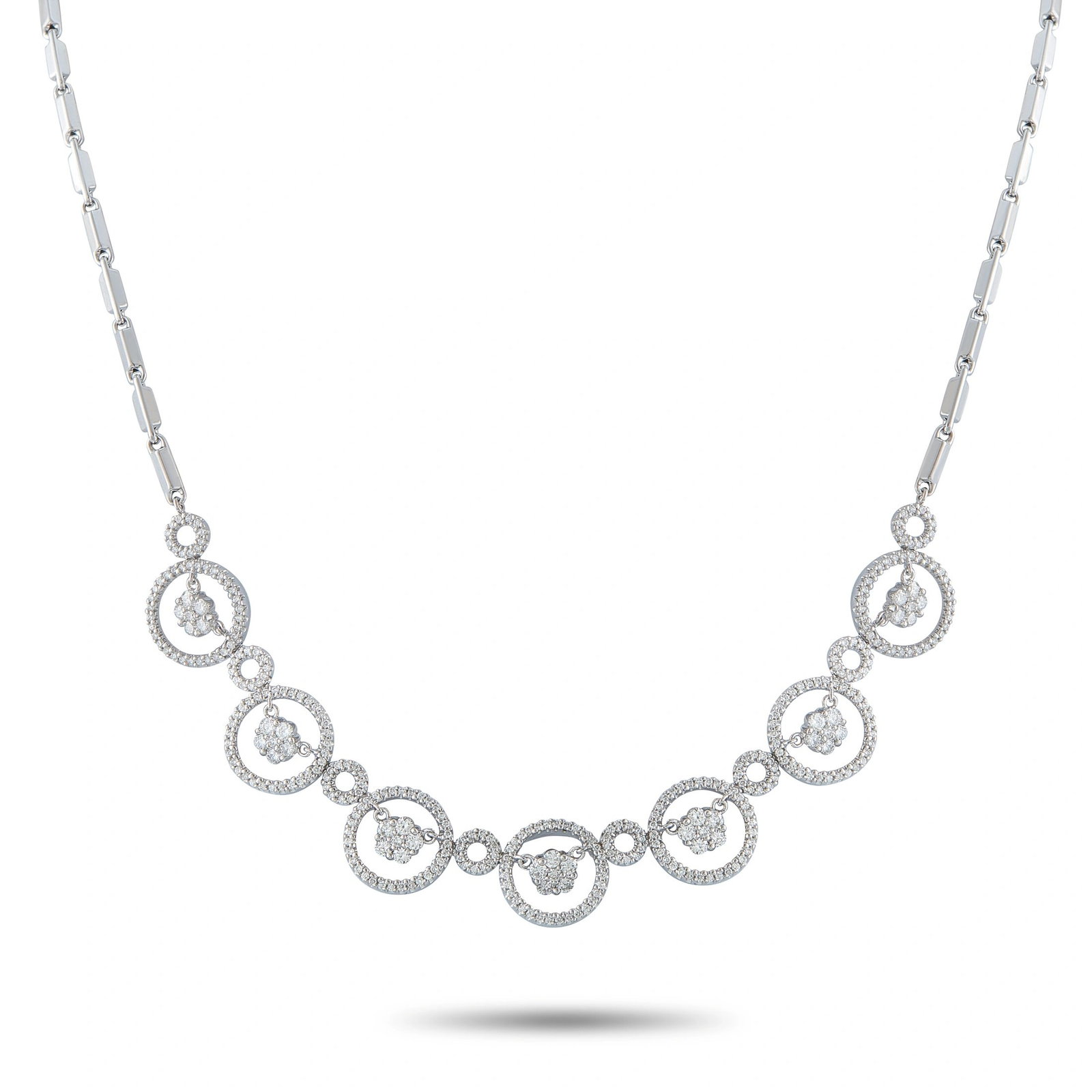 2.45ctw SI1-SI2/G-H Diamond and 18K White Gold Necklace: 2.45ctw SI1-SI2/G-H Diamond and 18K White Gold Necklace - Crafted in 18K white gold, this striking necklace showcases a graceful arrangement of graduated open circles pave-set with approximately 2.45 