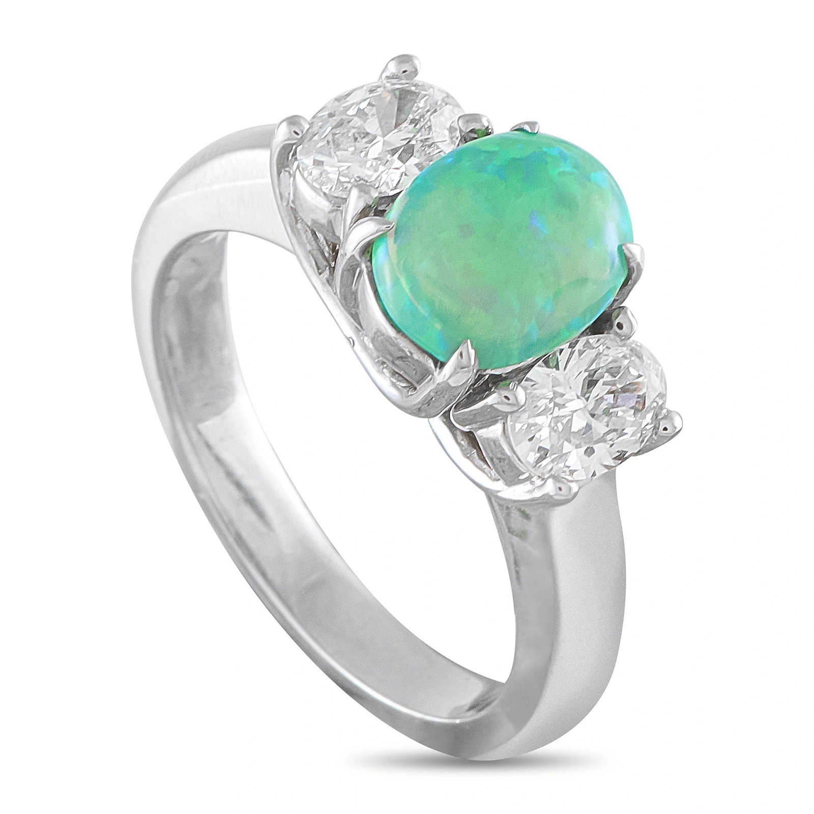 1.00ct Opal, 0.70ctw Diamond and 18K White Gold Ring: 1.00ct Opal, 0.70ctw Diamond and 18K White Gold 3-Stone Ring - This elegant three-stone ring centers a 1.00 carat oval opal cabochon displaying a luminous play of color, flanked by two round brilliant