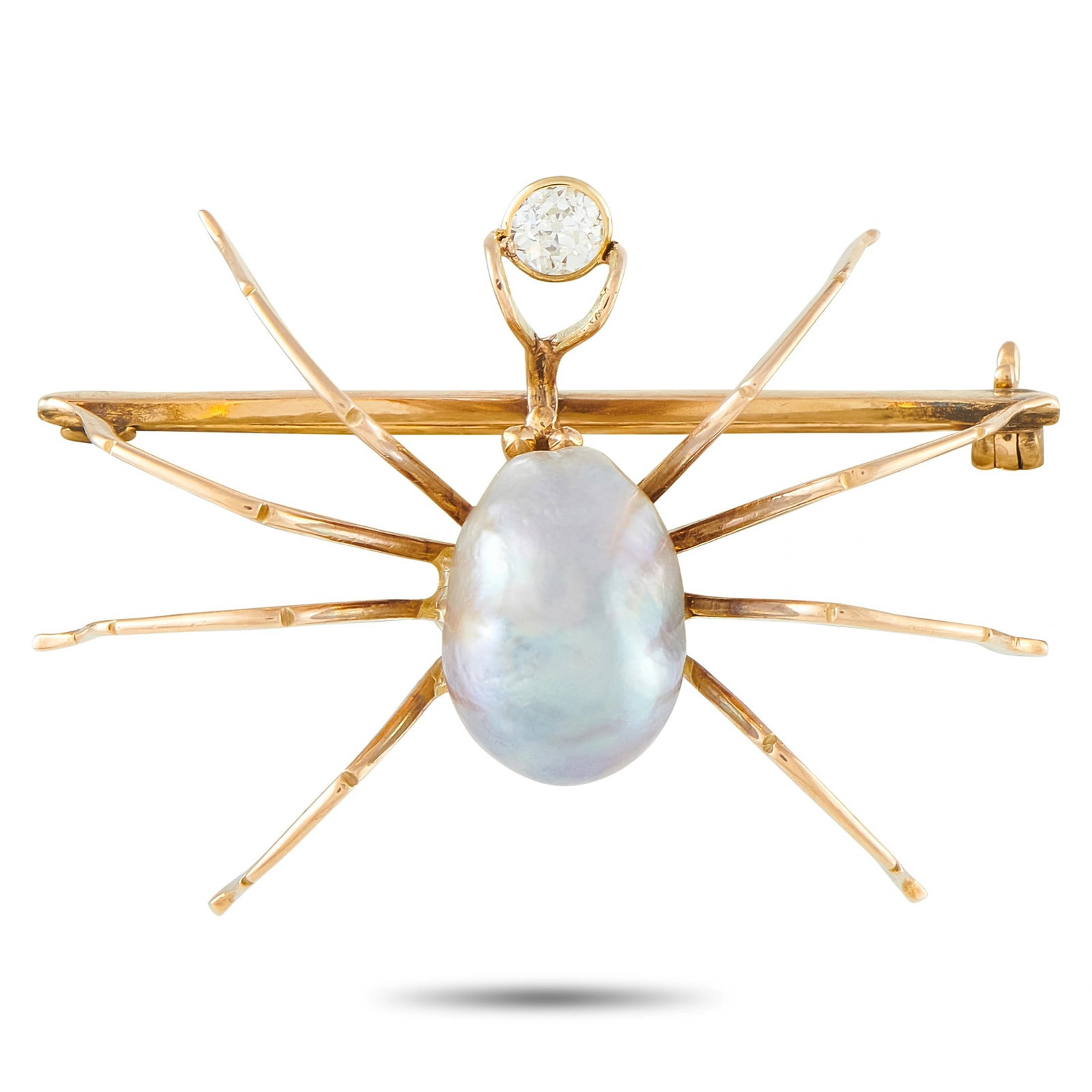 14K Rose Gold, 0.35ct Diamond and Pearl Spider Brooch: 14K Rose Gold, 0.35ct Diamond and Baroque Pearl Spider Brooch - This whimsical brooch takes the form of a finely detailed spider, crafted in 14K rose gold with a distinctive baroque pearl forming the 