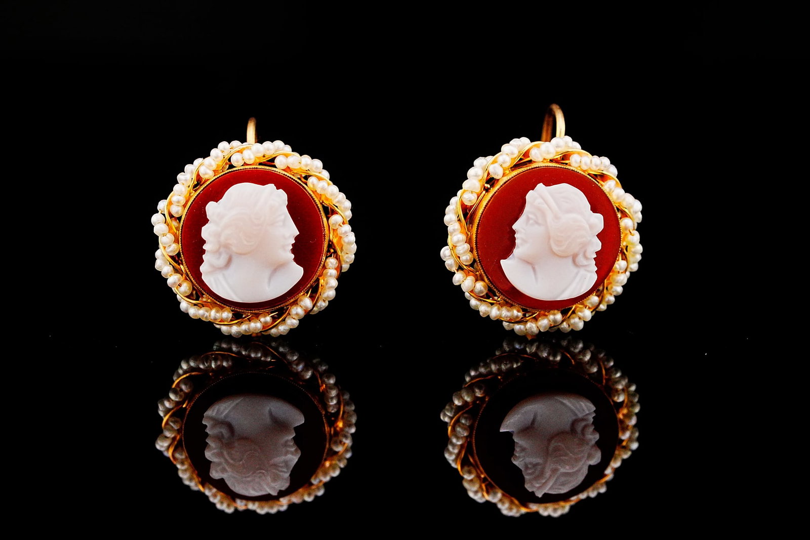 14K Yellow Gold, Carved Cameo and Seed Pearl Earrings (1 of 2)