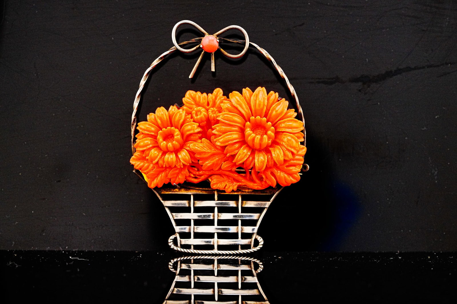 Sterling Silver and Coral 2.5" Basket Bouquet Brooch (1 of 2)