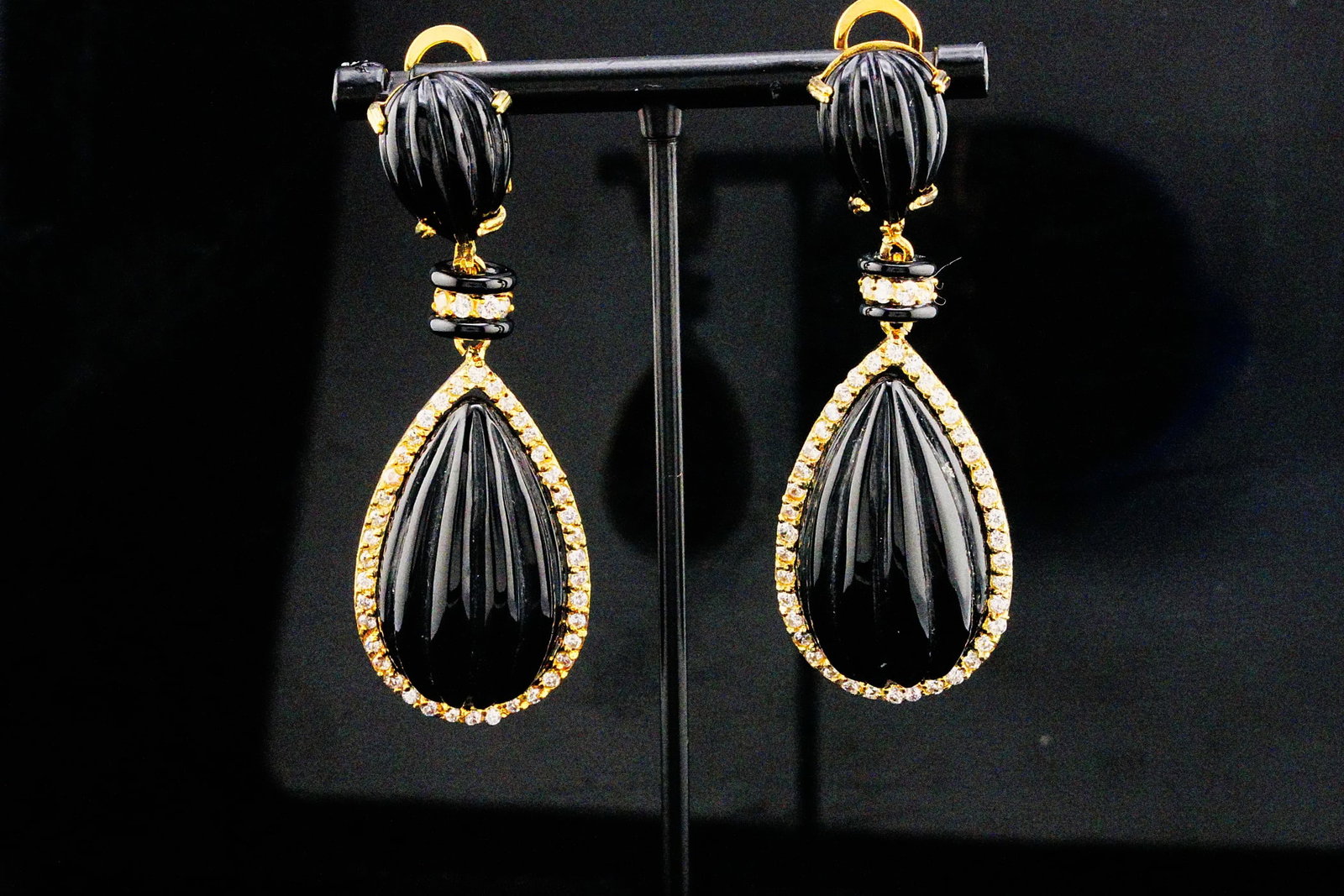 Gold Plated Sterling Silver and Onyx 2.5" Earrings: Gold Plated Sterling Silver and Carved Onyx 2.5" Drop Earrings - Weight: 29.2 grams.