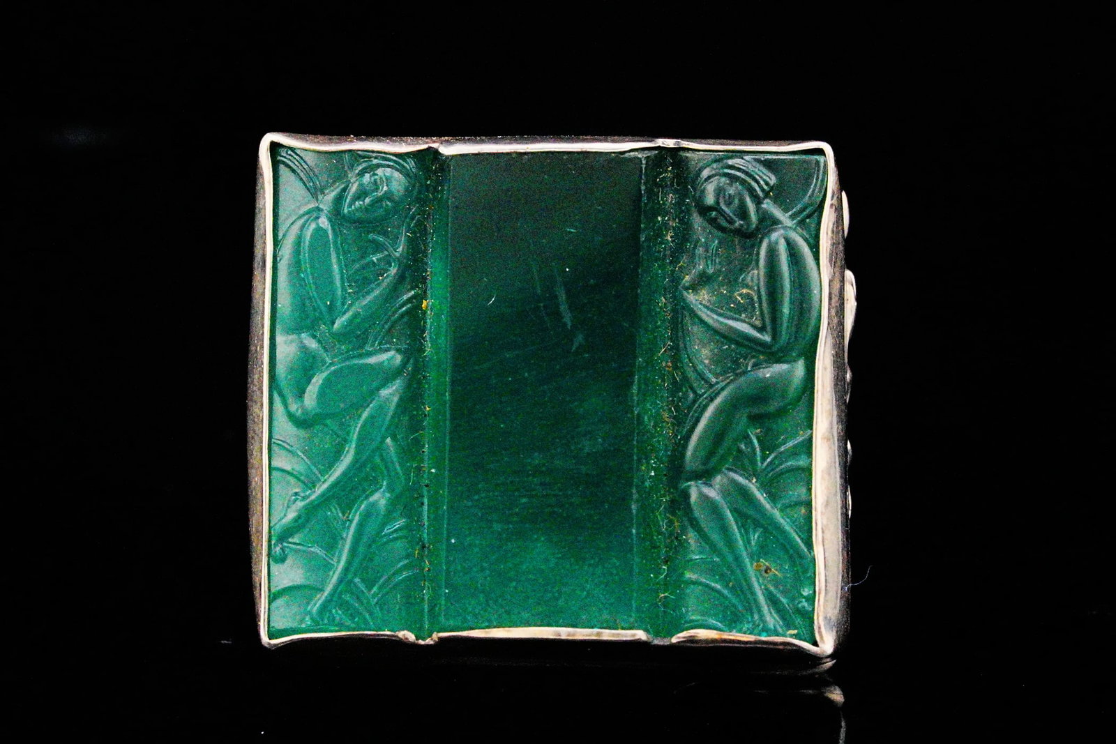 Deco Style Sterling Silver and Carved Green Glass Ring: Deco Style Sterling Silver and Carved Green Glass Ring - Ring size: 7. Weight: 14.5 grams.