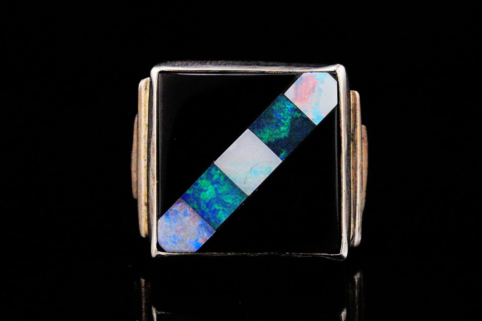 Sterling Silver, Onyx and Opal Mosaic Ring: Sterling Silver, Onyx and Opal Mosaic Ring - Ring size: 7.5. Weight: 6 grams.