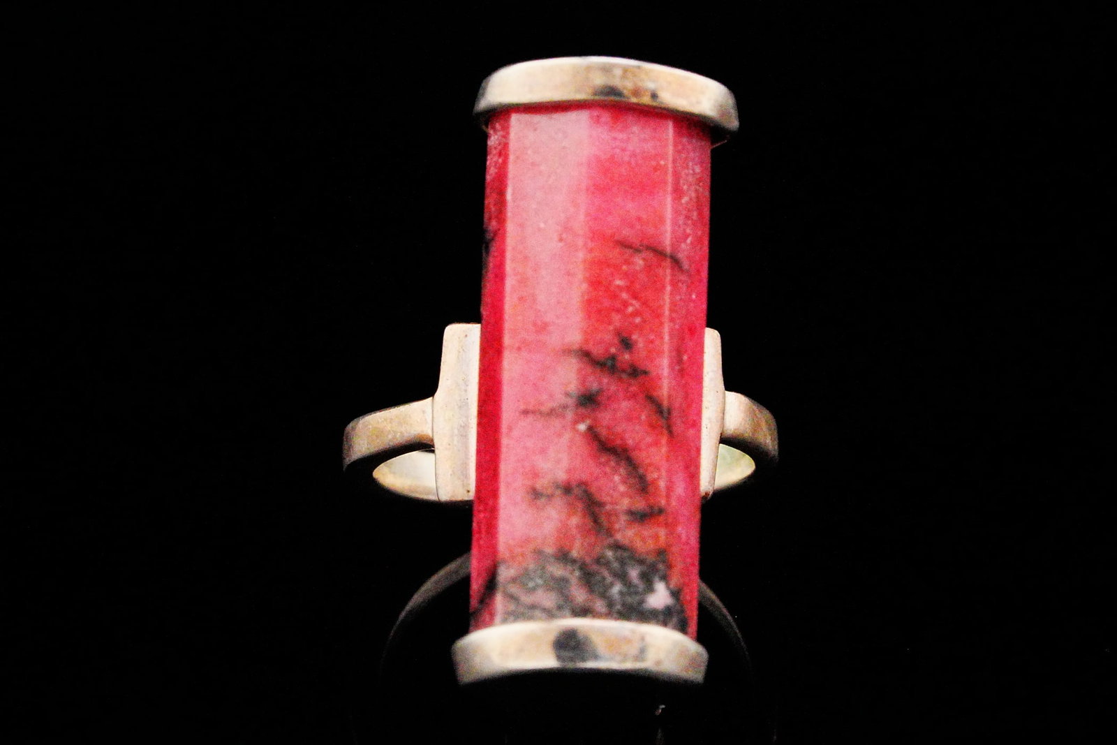 Vintage Sterling Silver and Rhodonite Ring: Vintage Sterling Silver and Rhodonite Ring - A lovely sterling silver ring featuring a carved rhodonite pillar. Ring size: 6.5. Weight: 12.8 grams.