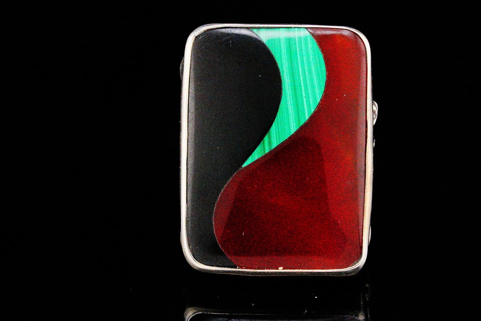 Vintage Sterling Silver Multi-Stone Inlay Ring: Vintage Sterling Silver Multi-Stone Inlay Statement Ring - This striking vintage sterling silver statement ring features a large rectangular inlay composed of polished black onyx, vibrant green malach