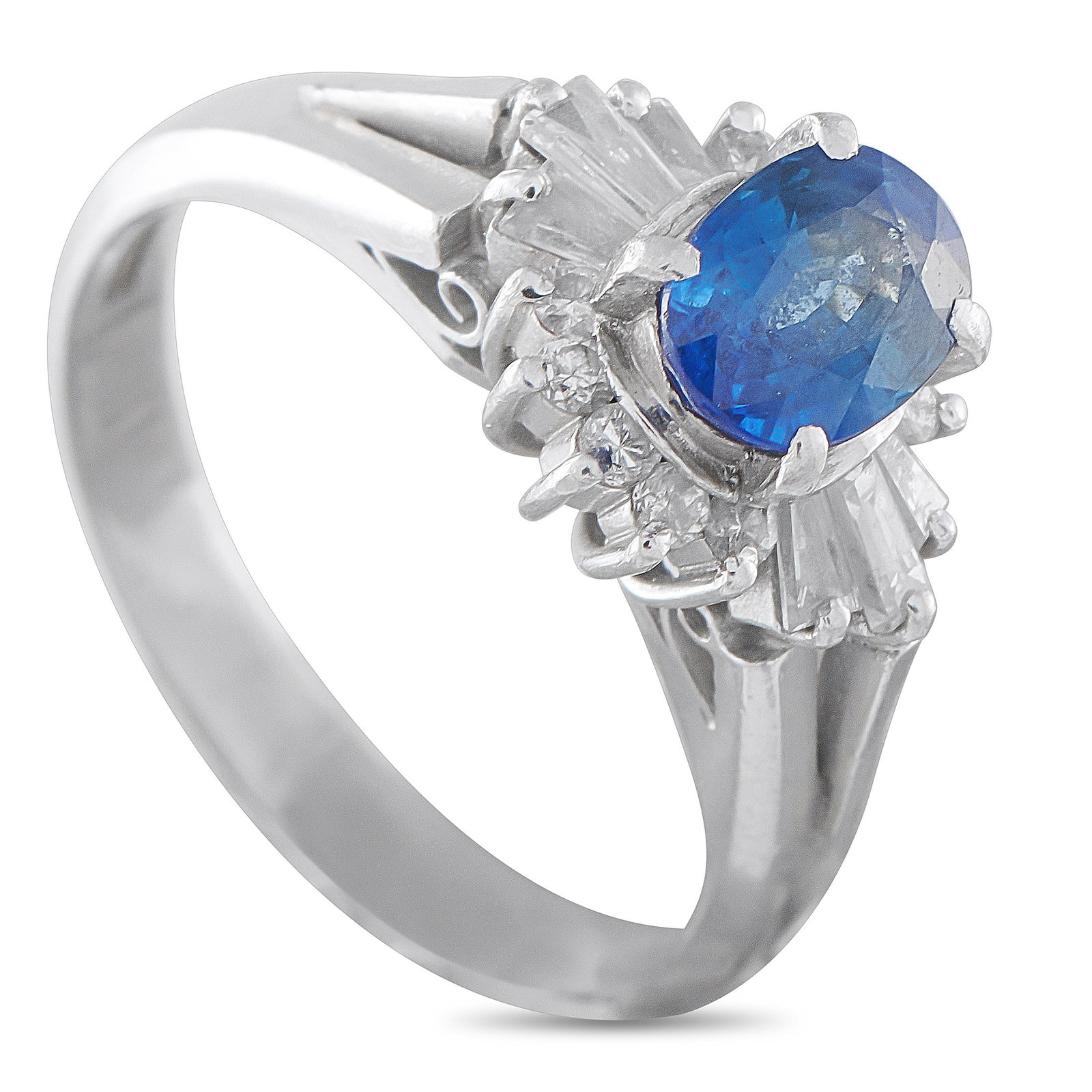 1.00ct Blue Sapphire, 0.40ctw Diamond and Platinum Ring: 1.00ct Blue Sapphire, 0.40ctw Diamond and Platinum Ring - A sophisticated mid-century-inspired ring centered by an approximately 1.00 carat oval blue sapphire, elevated within a gently undulating plat