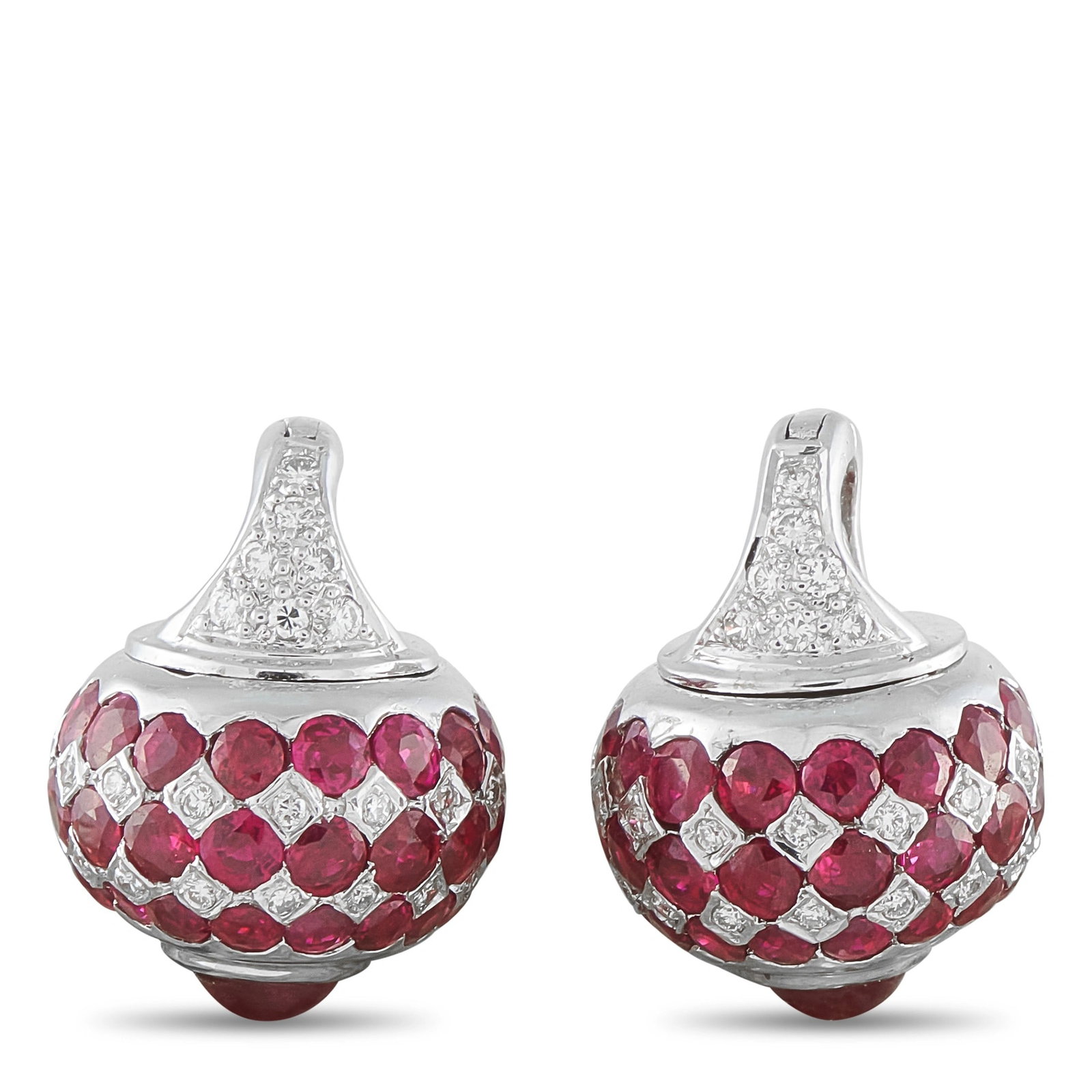 6.00ctw Ruby, 0.35ctw Diamond and 18K Earrings: 6.00ctw Ruby, 0.35ctw Diamond and 18K White Gold 0.60" Earrings - A striking pair of drop earrings featuring approximately 6.00 carats total weight of vivid round rubies arranged in a refined pav? set