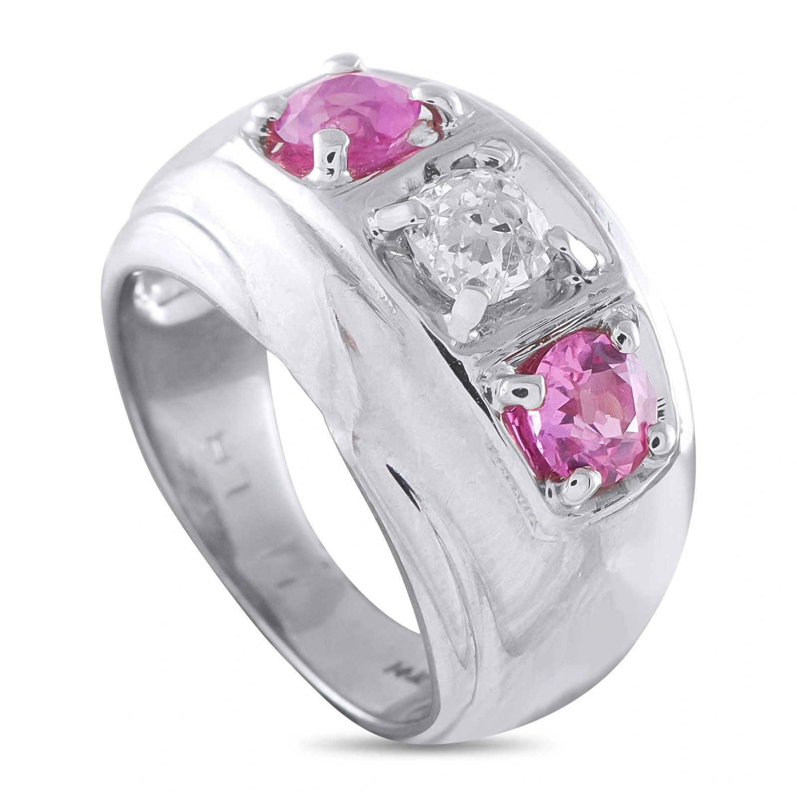 1.60ctw Pink Sapphire, 0.75ct Diamond and 14K Ring: 1.60ctw Pink Sapphire, 0.75ct Diamond and 14K White Gold 3-Stone Ring - A striking three-stone ring centered by an approximately 0.75 carat round diamond, flanked by two vivid round pink sapphires tot