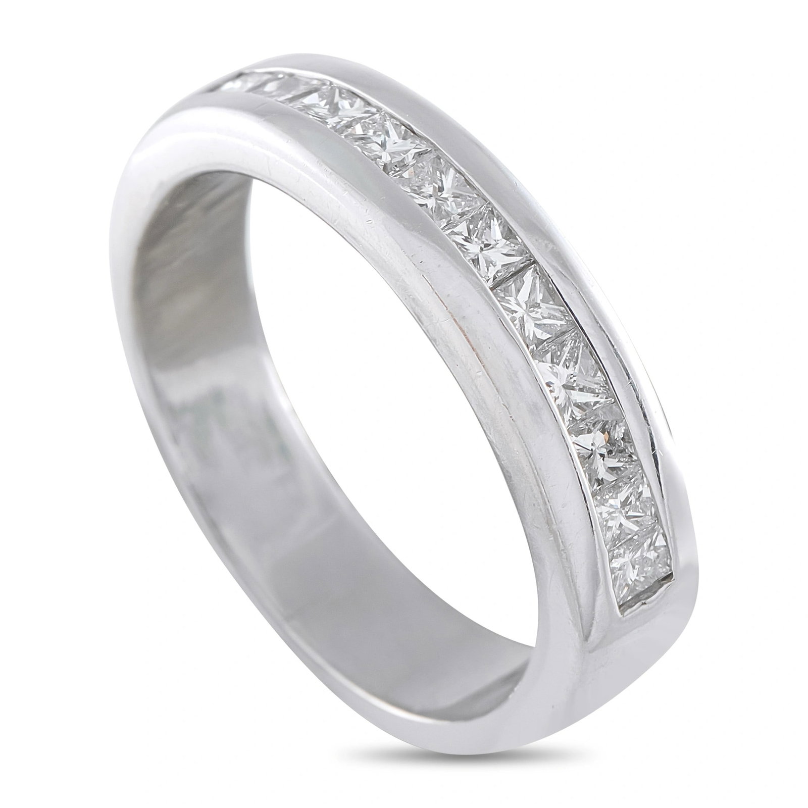 1.30ctw Diamond and Platinum Half-Eternity Band: 1.30ctw VS2-SI1/G-H Princess-Cut Diamond and Platinum Half-Eternity Band - A refined platinum half-eternity band showcasing a continuous row of approximately 1.30 carats total weight of princess-cut d
