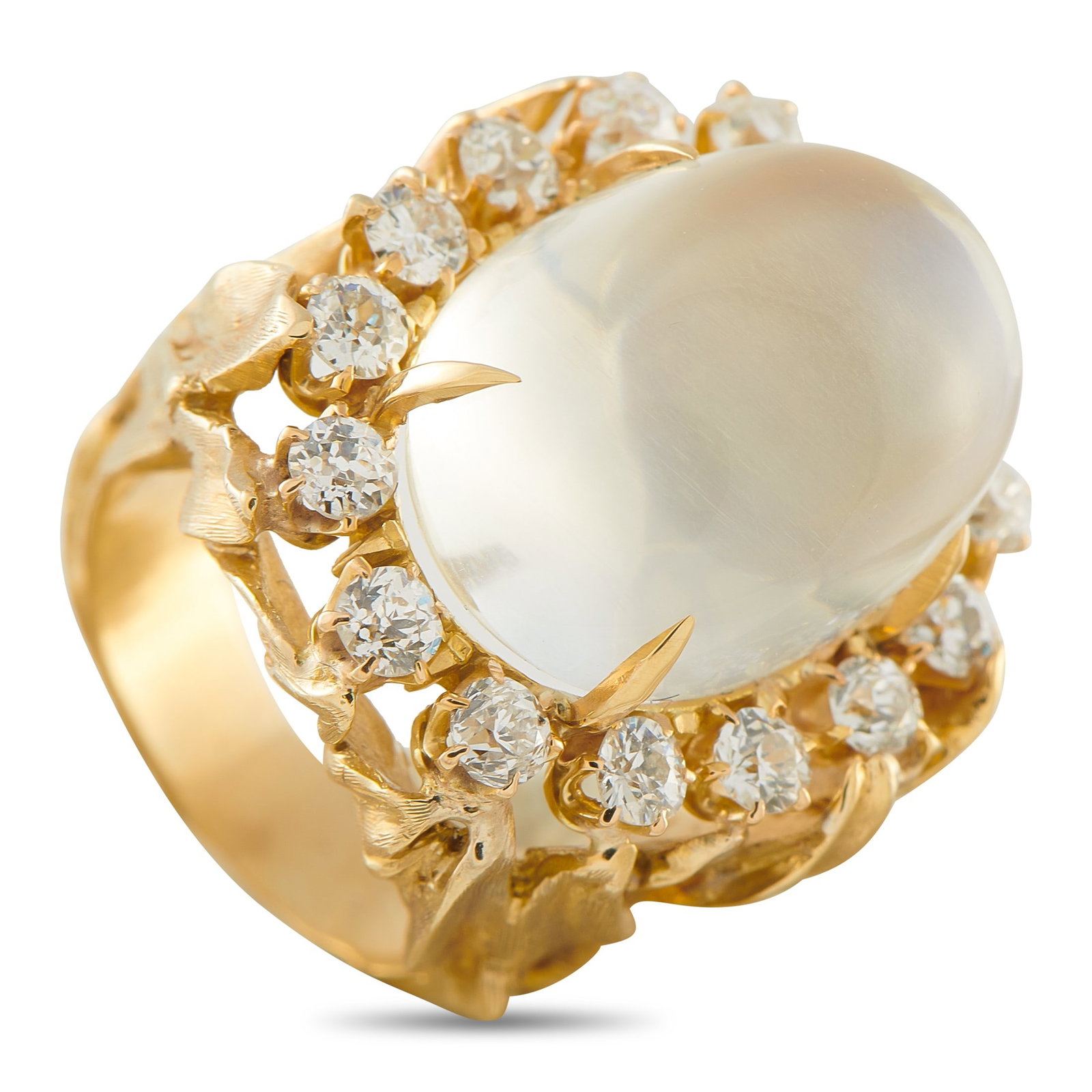 1.50ctw Diamond, Moonstone and 14K Yellow Gold Ring: 1.50ctw SI1-SI2/H-J Diamond, Moonstone and 14K Yellow Gold Ring - A bold and distinctive ring centered by a luminous moonstone cabochon, its soft, ethereal appearance providing a captivating contrast 