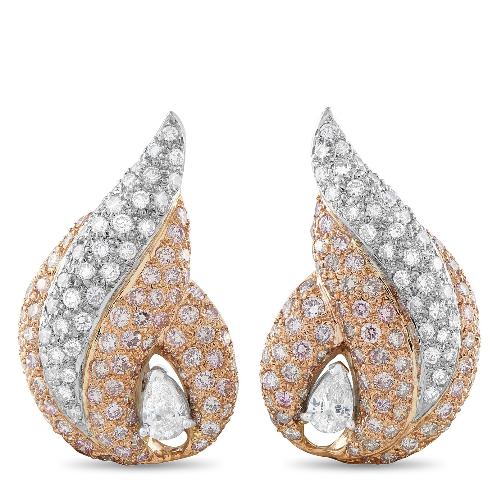 6.90ctw Pink and White Diamond 18K Shell Ear Clips: 6.90ctw Pink and White Diamond, 18K Rose/White Gold Shell Ear Clips - Inspired by the graceful curves of a sea-tossed shell, these clip-on earrings feature a sculptural design defined by movement and 